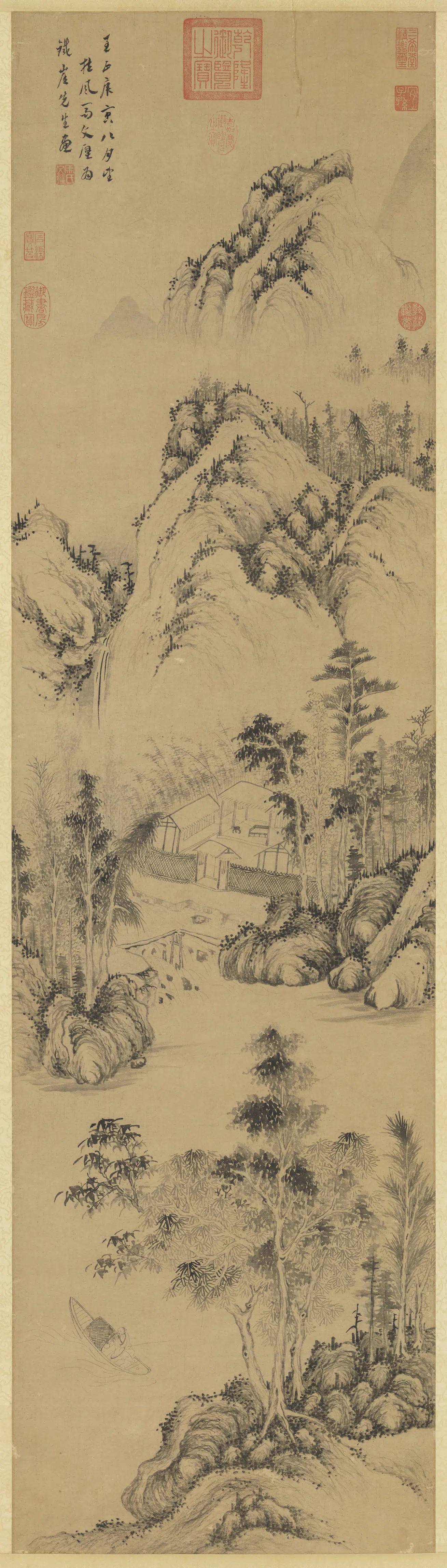 元代【马琬】《画秋江钓艇图轴》