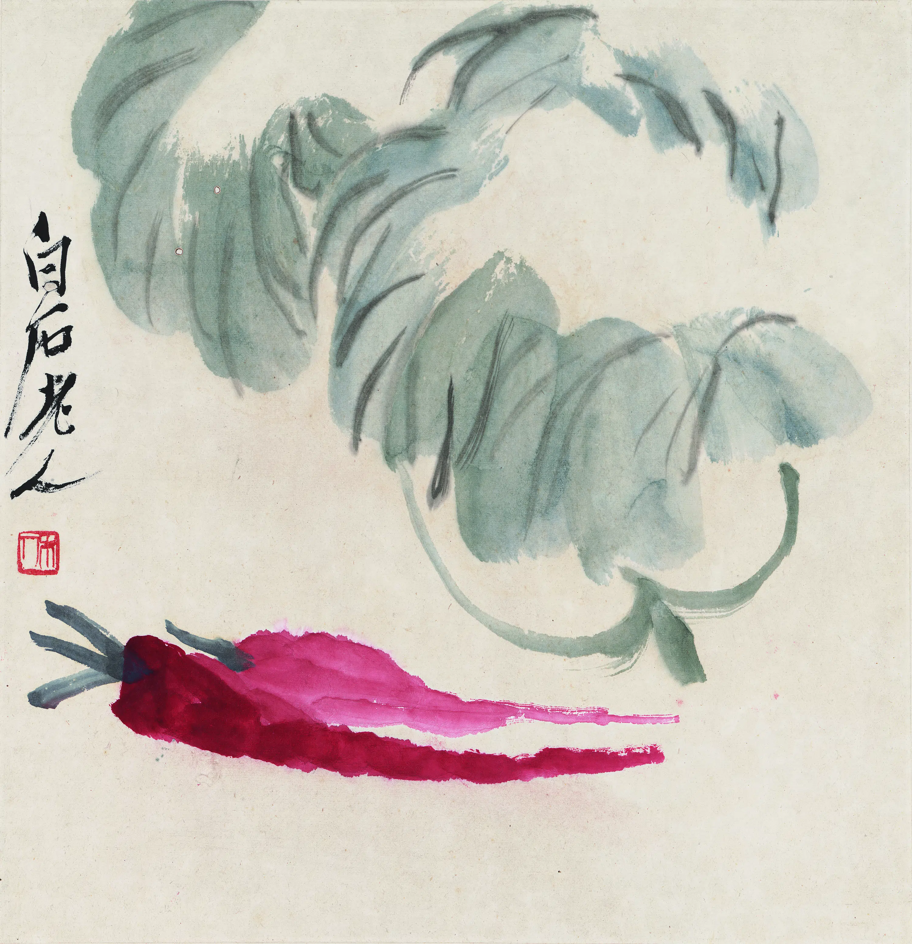 近现代【齐白石】《花果草虫册-绿叶萝卜图》