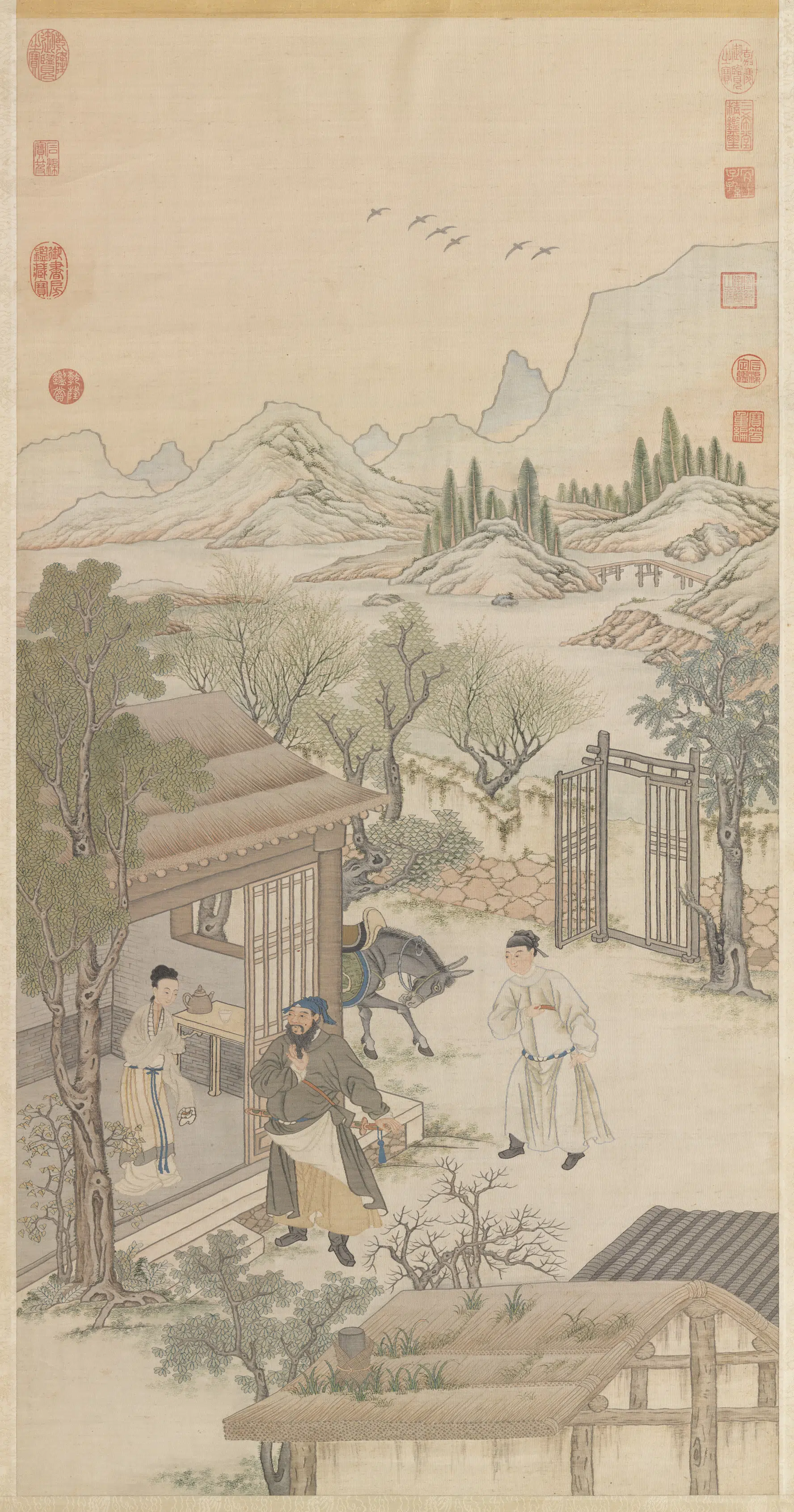 《缂丝李靖遇虬髯公图轴》