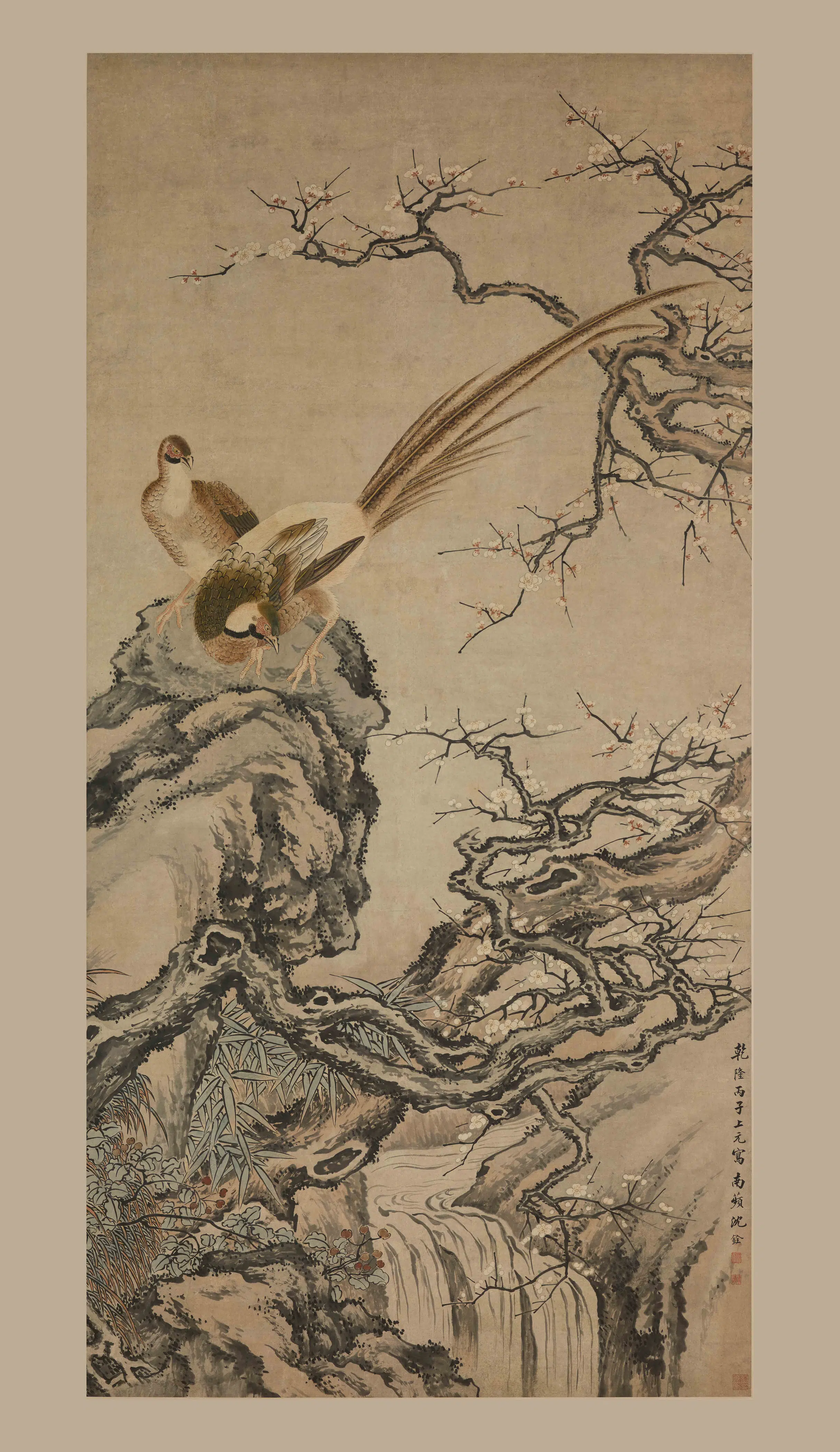清代【沈铨】《梅竹稚鸡图轴》