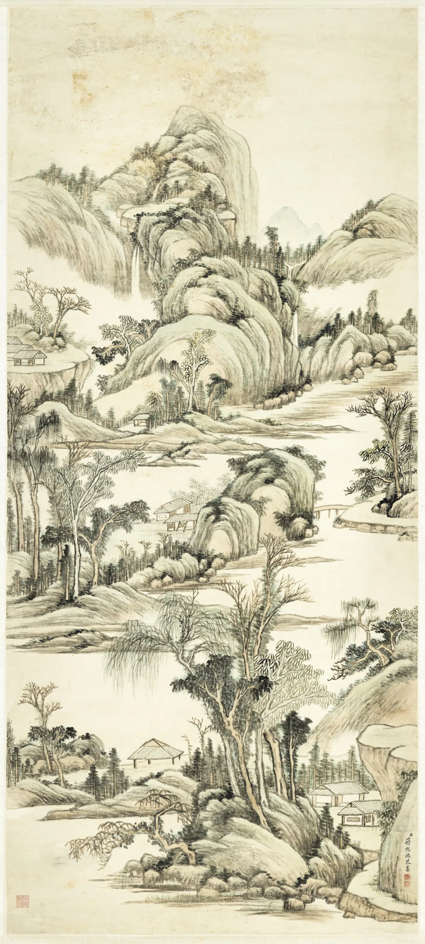 清代【蒋懋德】《青山飞瀑图》 第1张