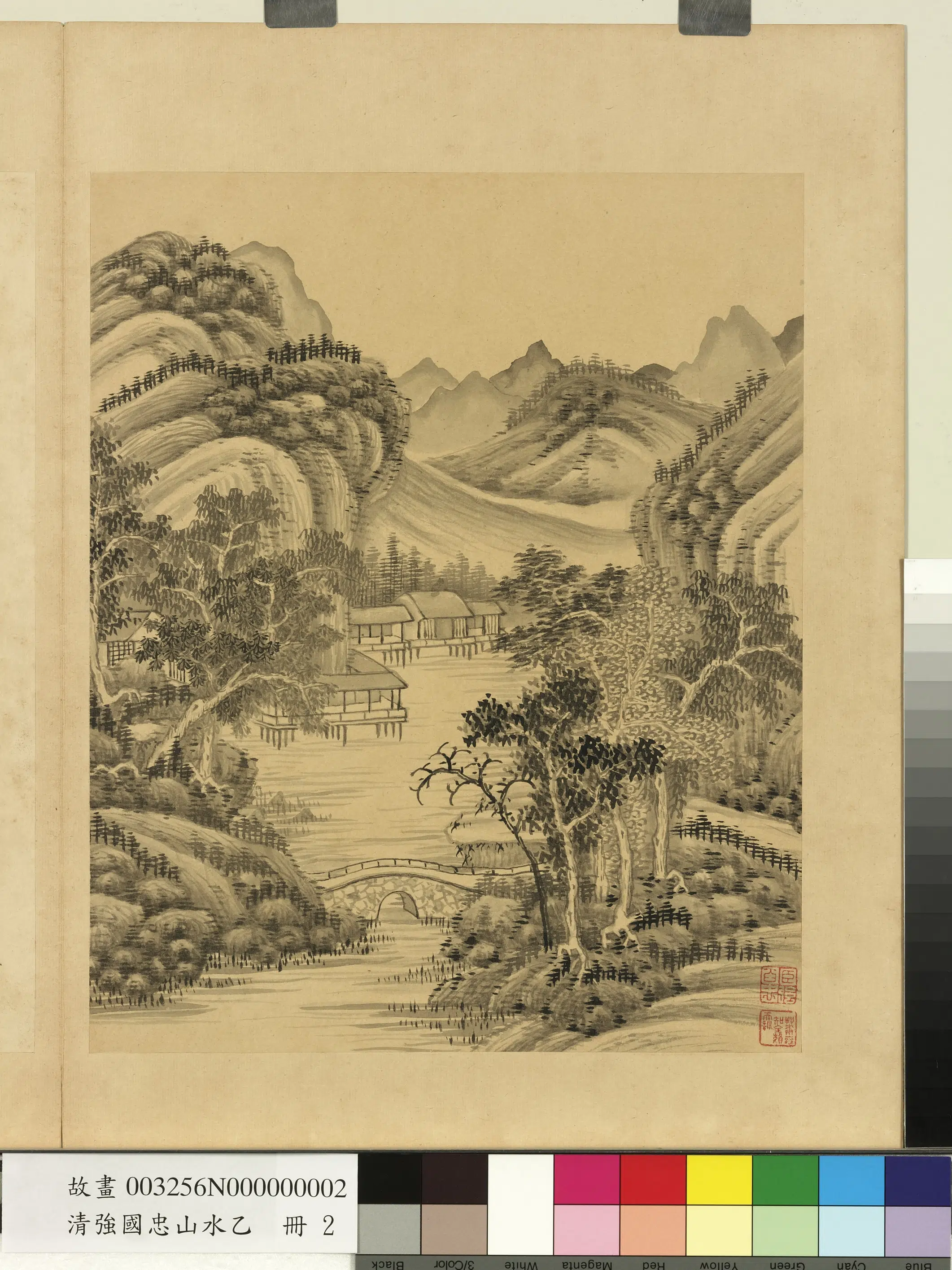 清代【强国忠】《山水乙册-石桥水榭》