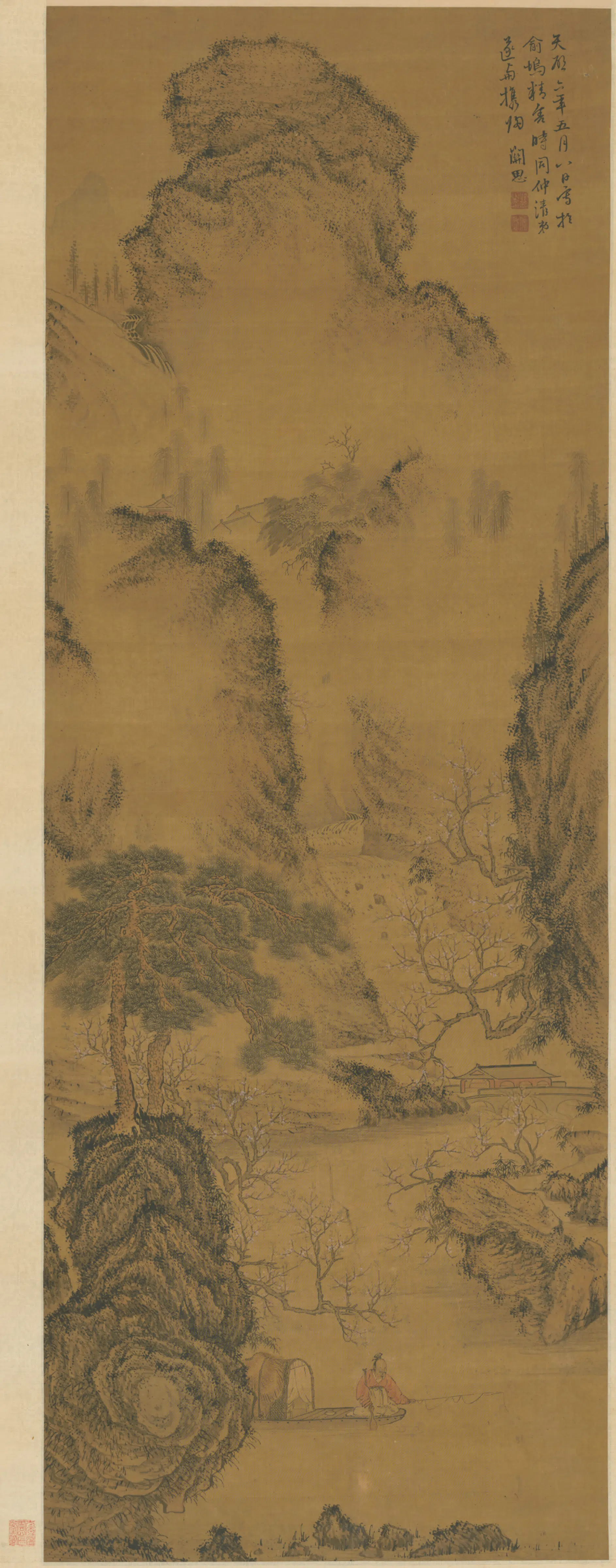 明朝【关思】《春溪钓艇图轴》