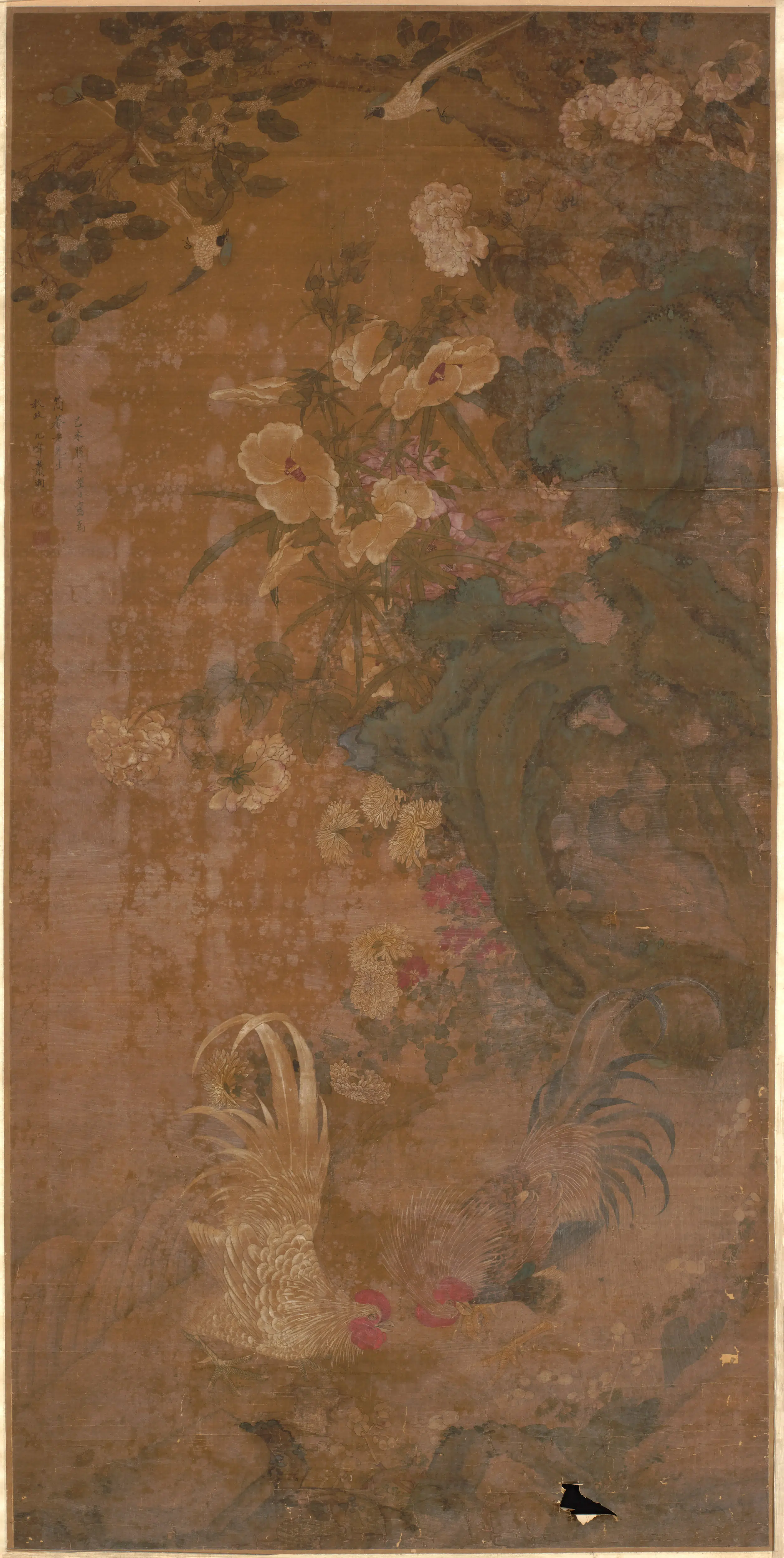 清代【萧湘】《繁花斗鸡图横披》