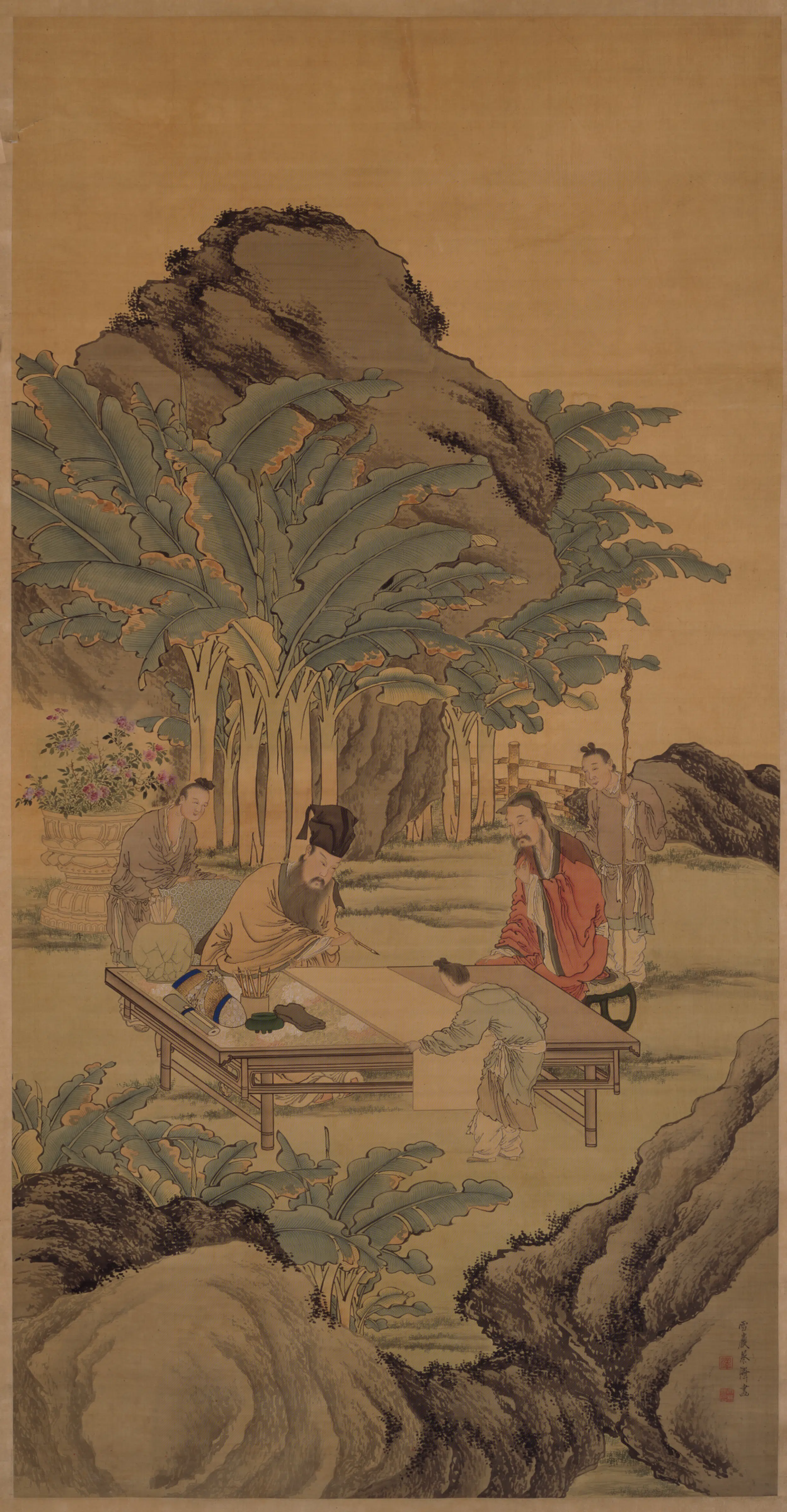 清代【蔡泽】《蕉荫作画图轴》