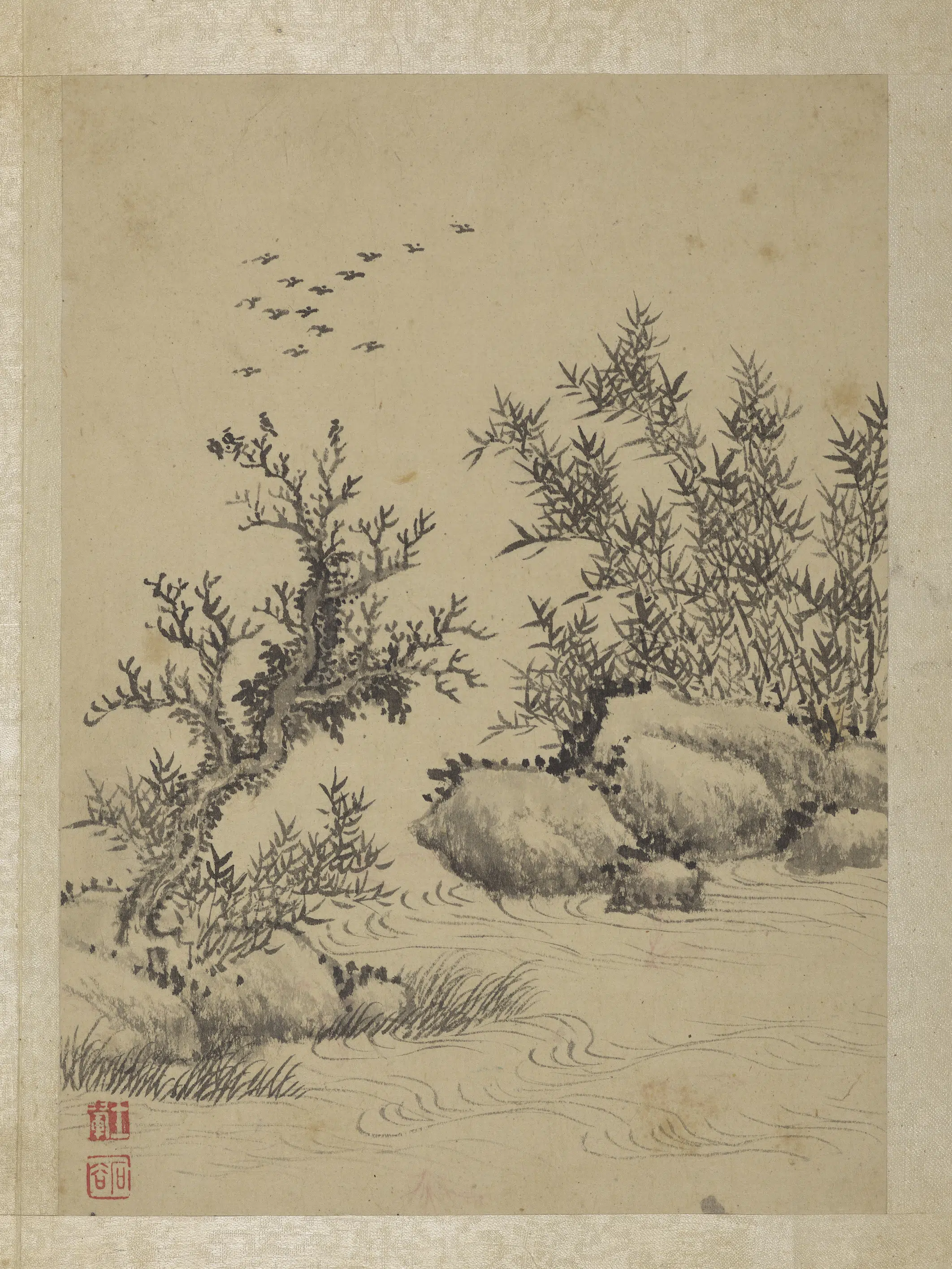 清代【王翚】《画山水册-飞鸟过林》