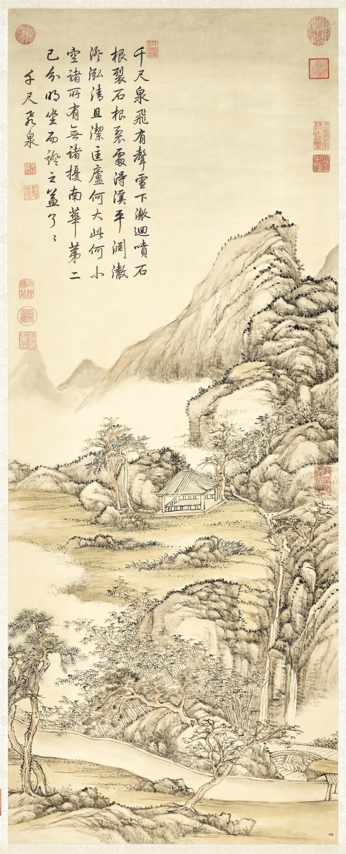 清代【张宗苍】《千尺飞泉图轴》