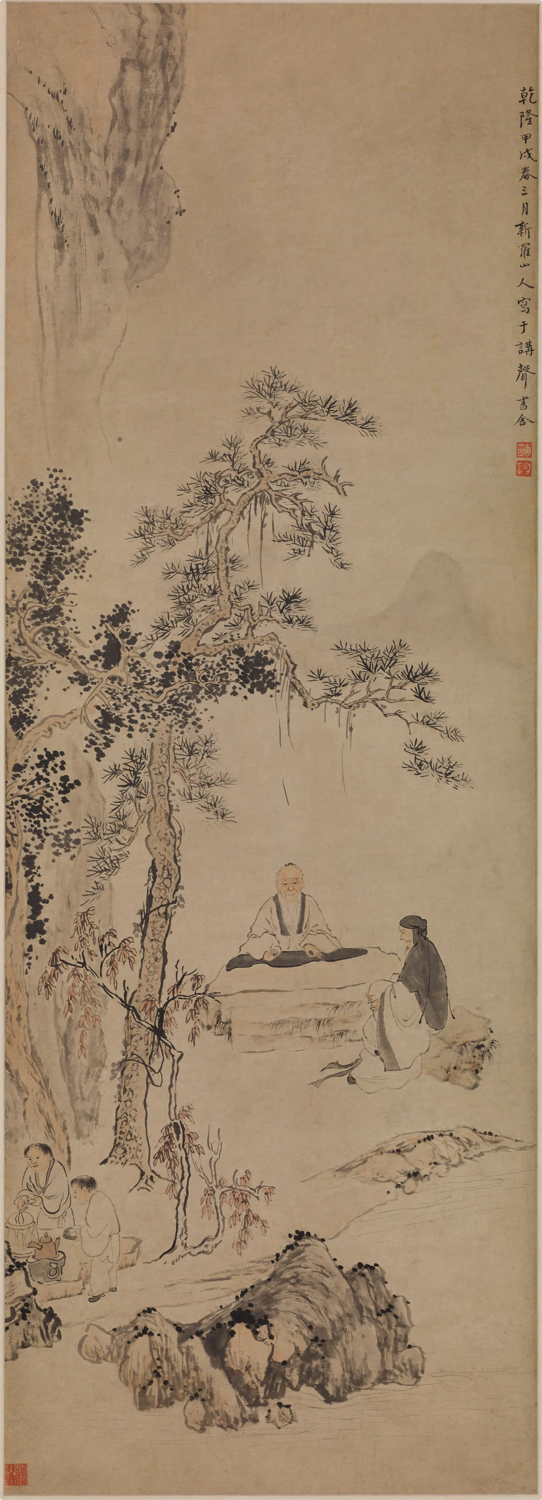 清代【华喦（华岩)】《松下抚琴图轴》