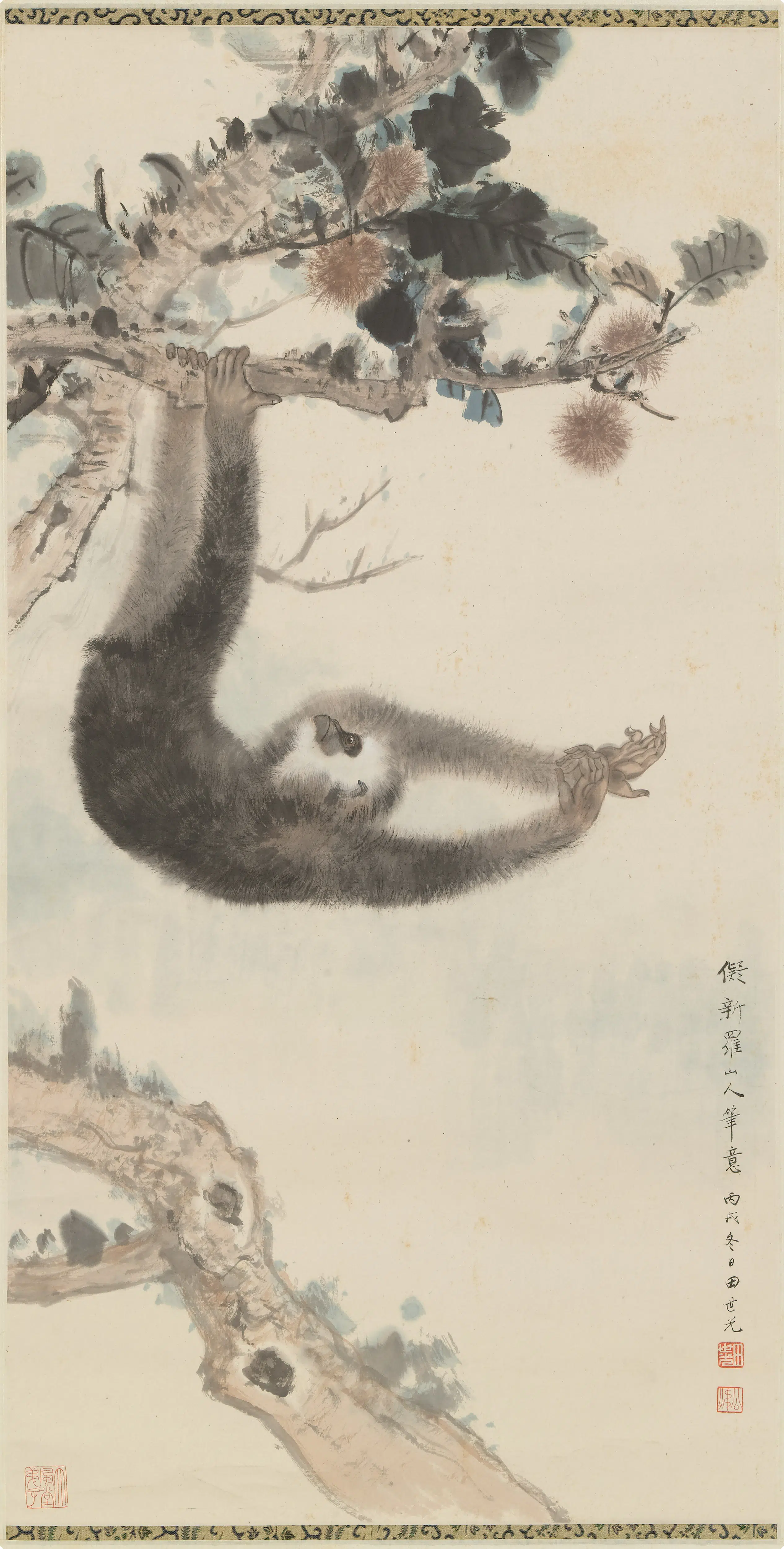 近现代【田世光】《栗树悬猴图轴》