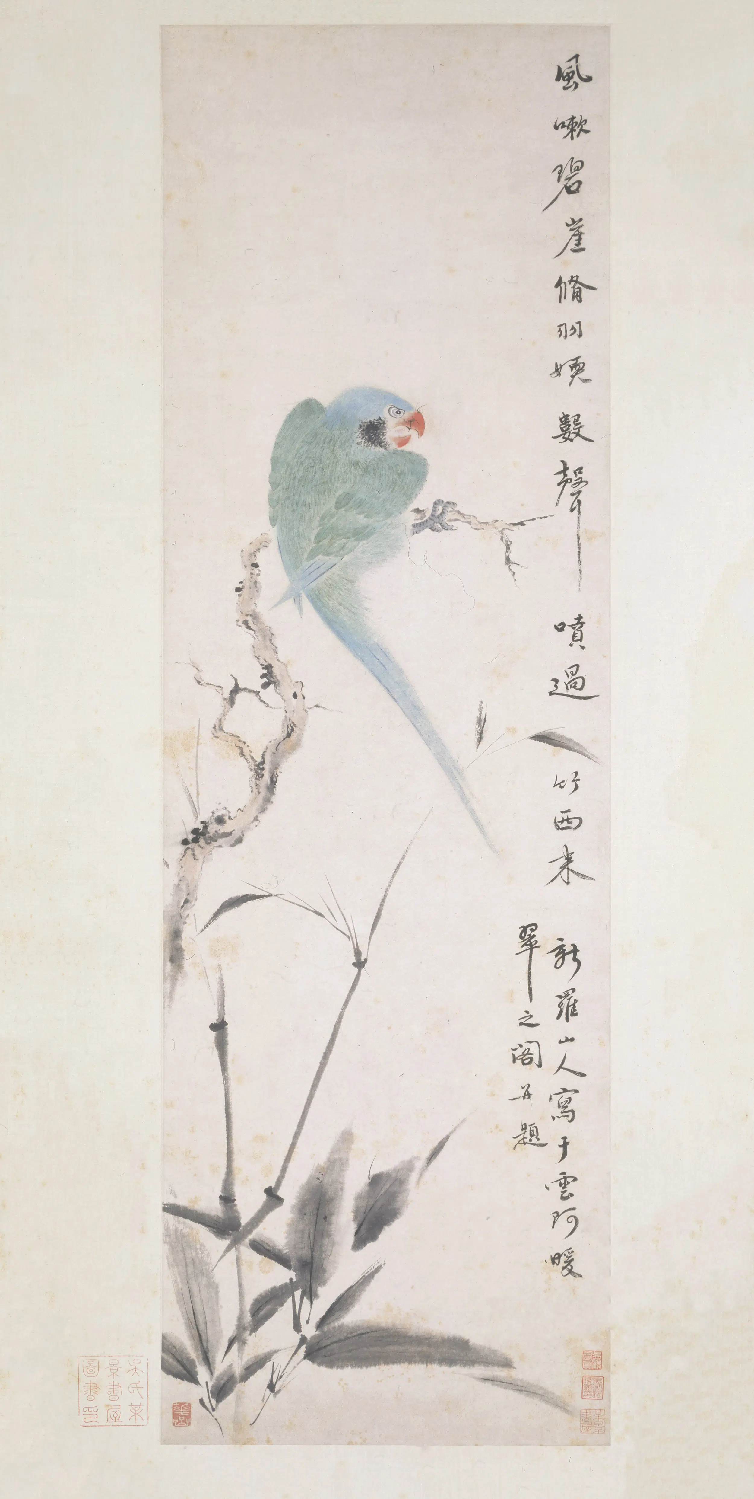 清代【华喦（华岩)】《枝头鹦鹉图轴》