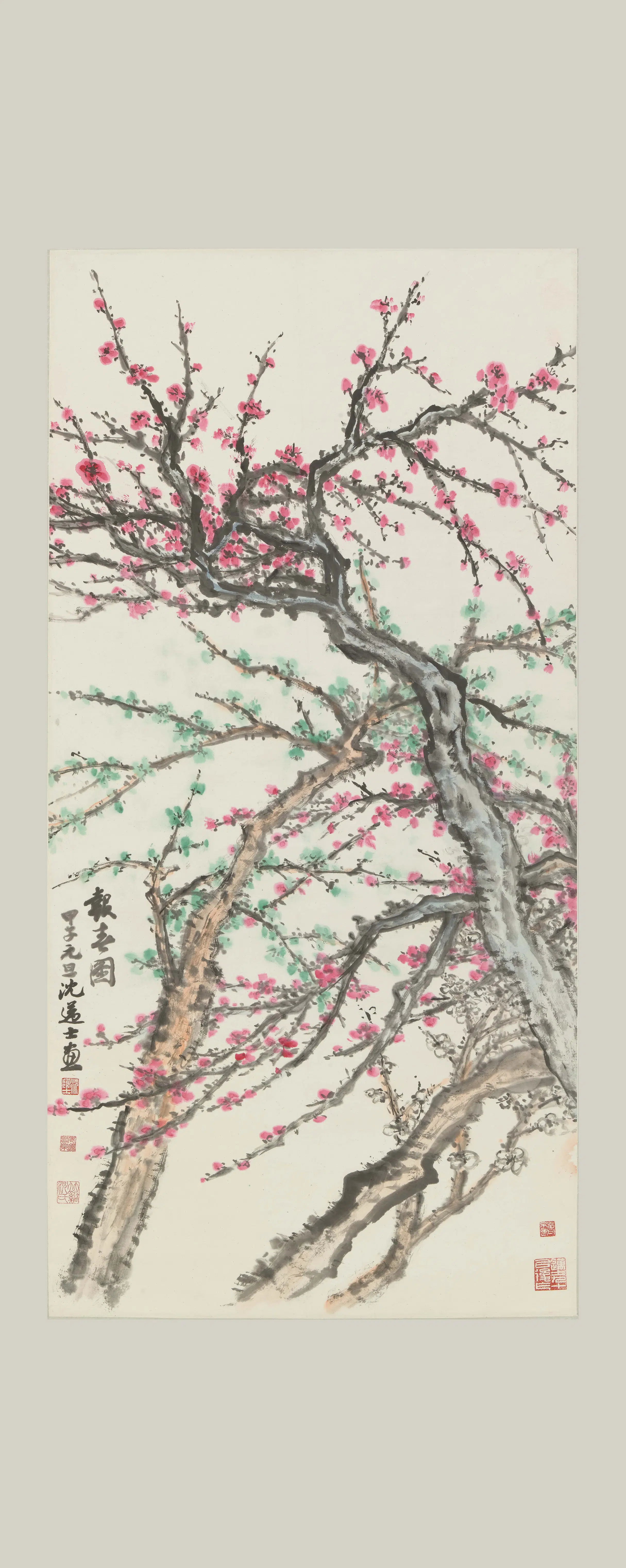 近现代【沈迈士】《三色梅花图轴》