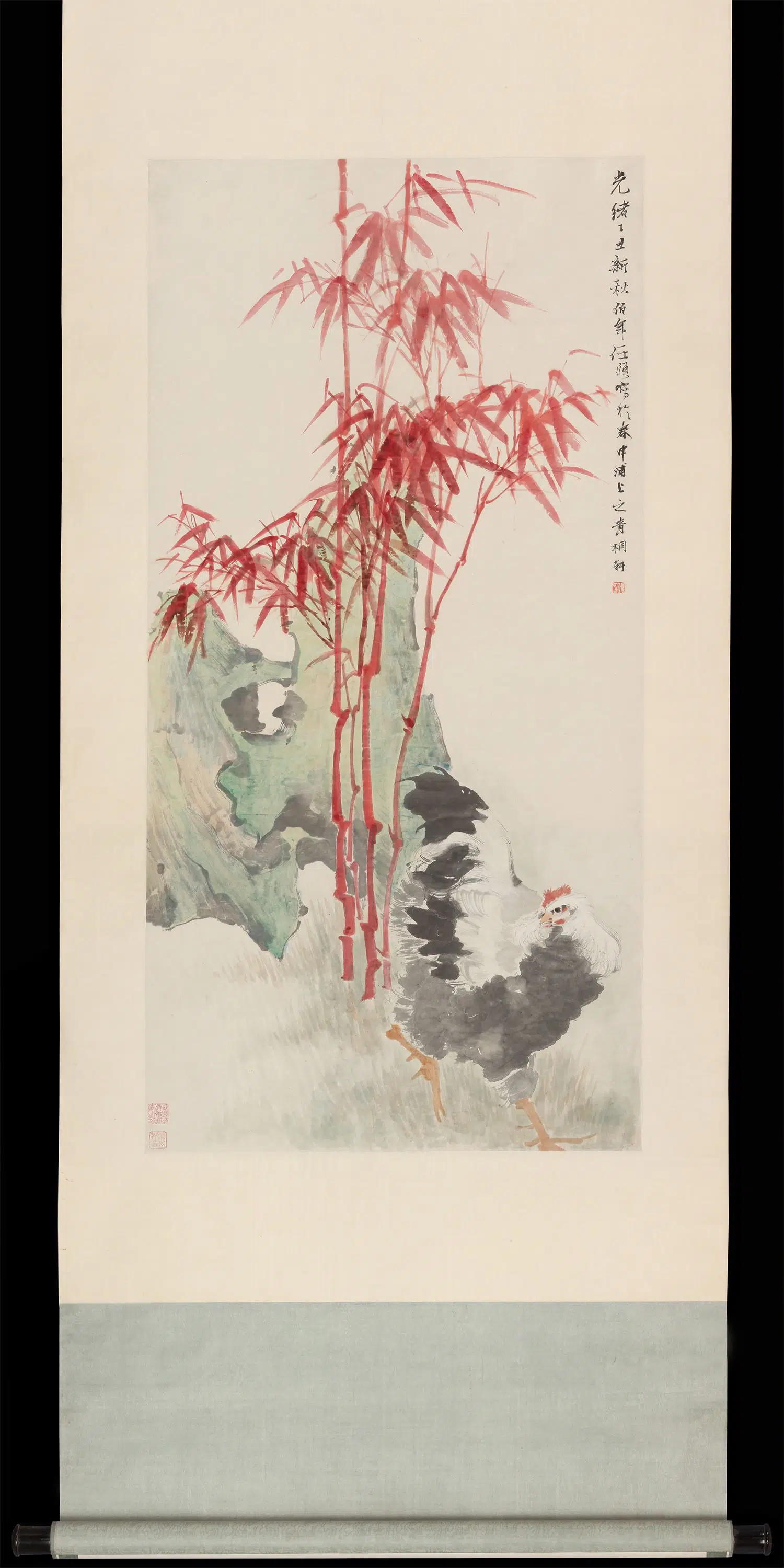 清朝【任伯年（任颐）】《竹树雄鸡图轴》