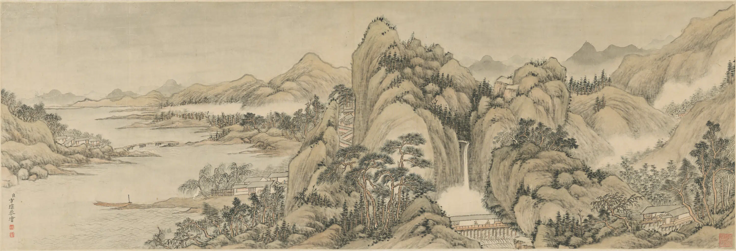 清代【方琮】《山寺鸣泉图横幅》