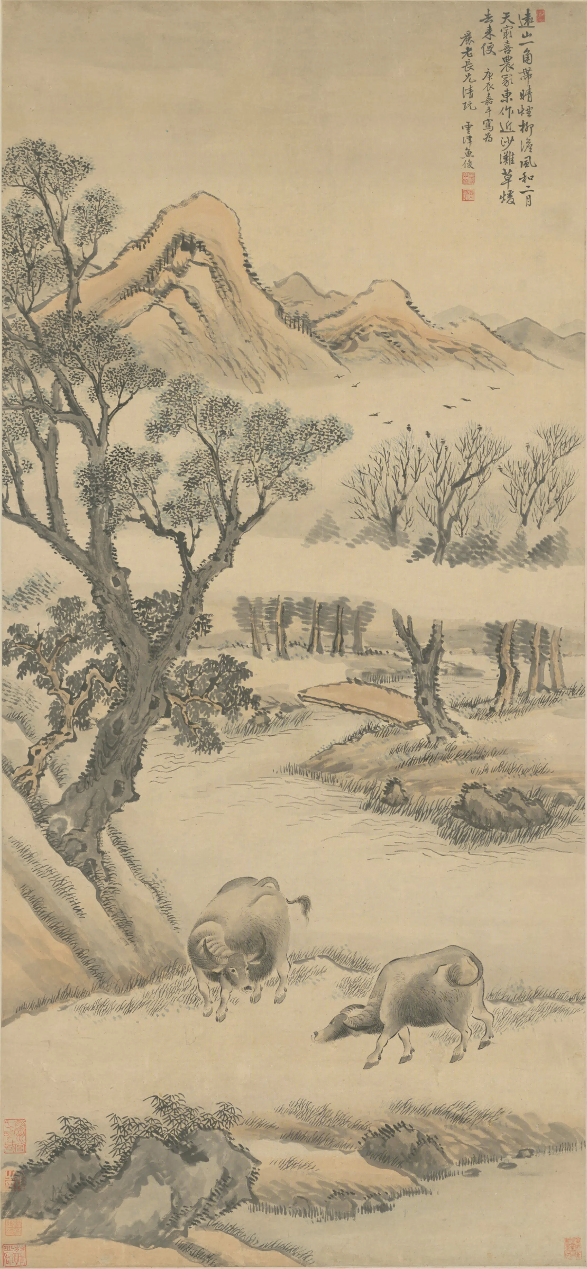 清代【鱼俊】《牧牛图轴》
