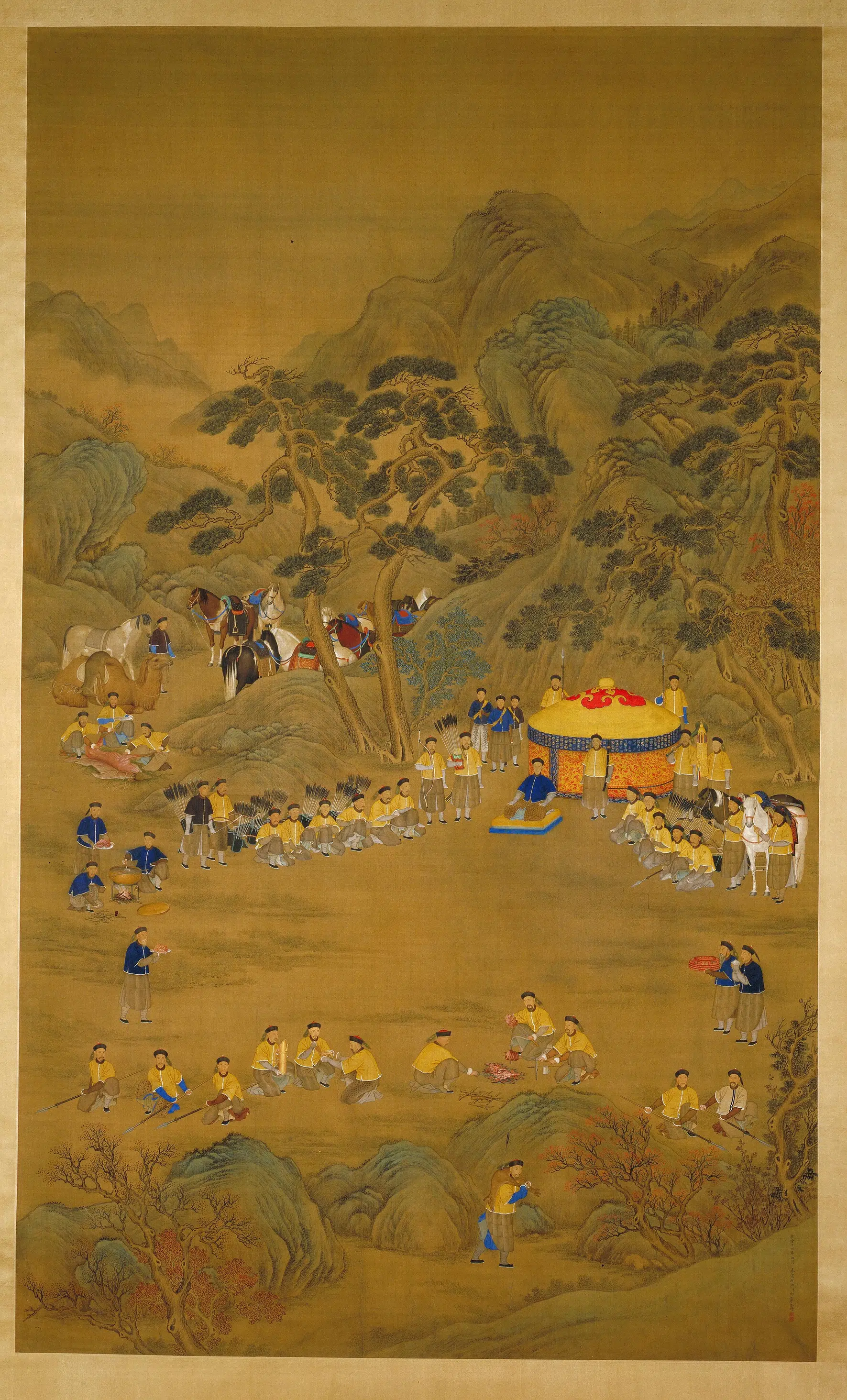 清代【郎世宁】《乾隆皇帝围猎聚餐图轴》