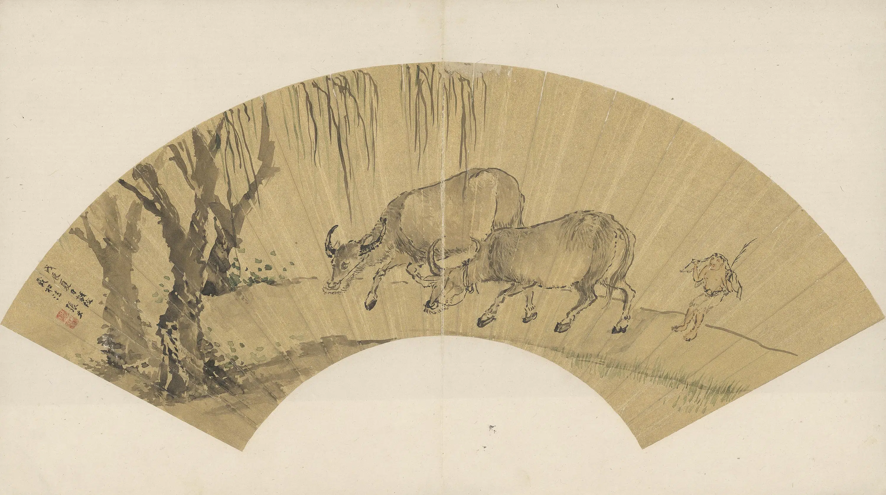 明朝【张宏】《画牛扇页》