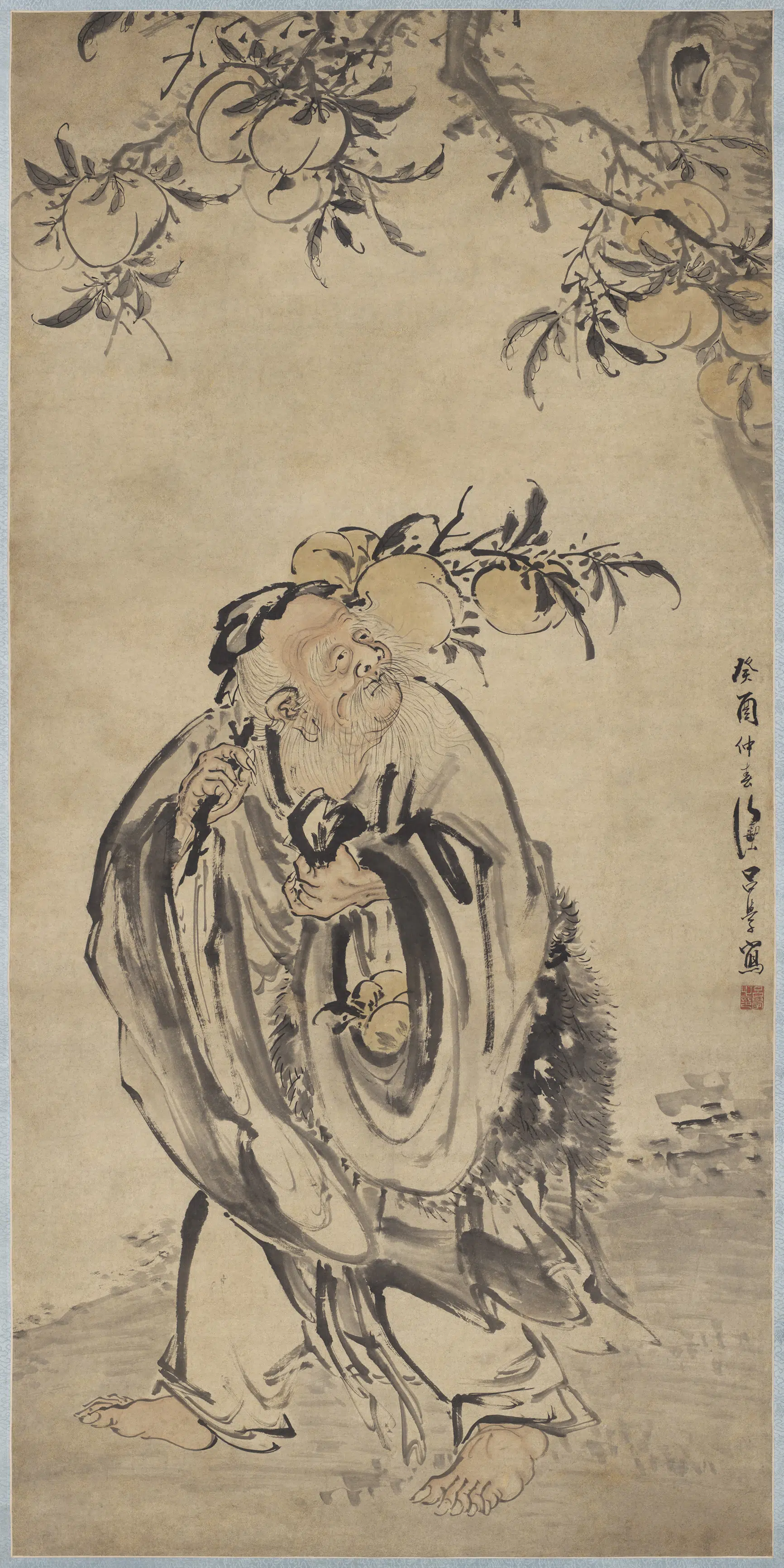 清代【吕学】《东方朔负桃图轴》
