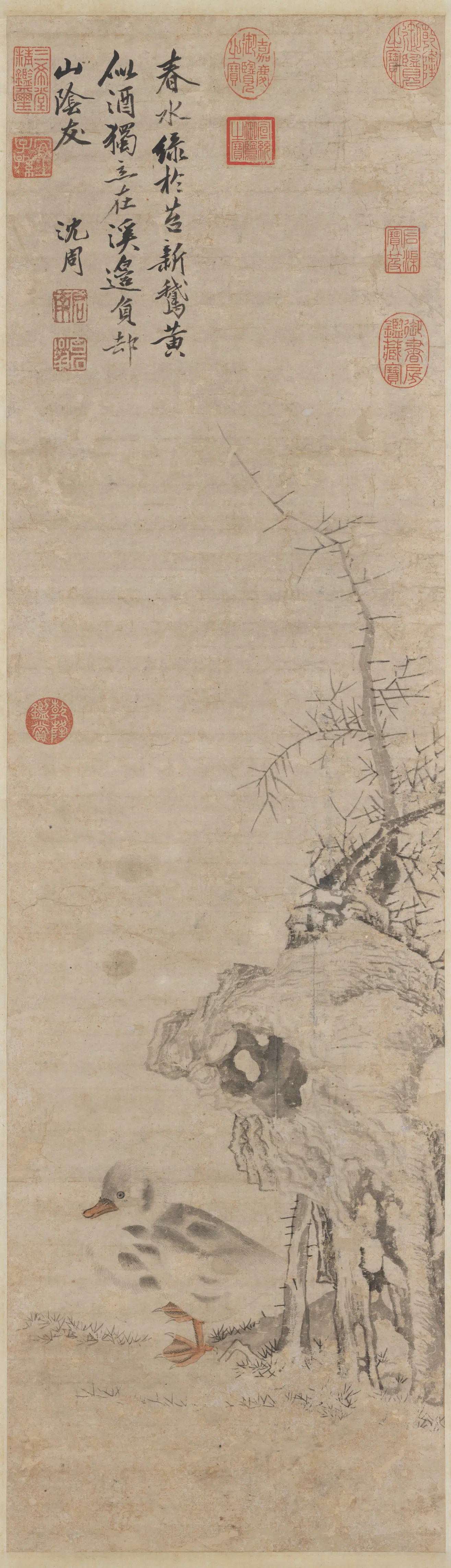 明朝【沈周】《春水新鹅图轴》