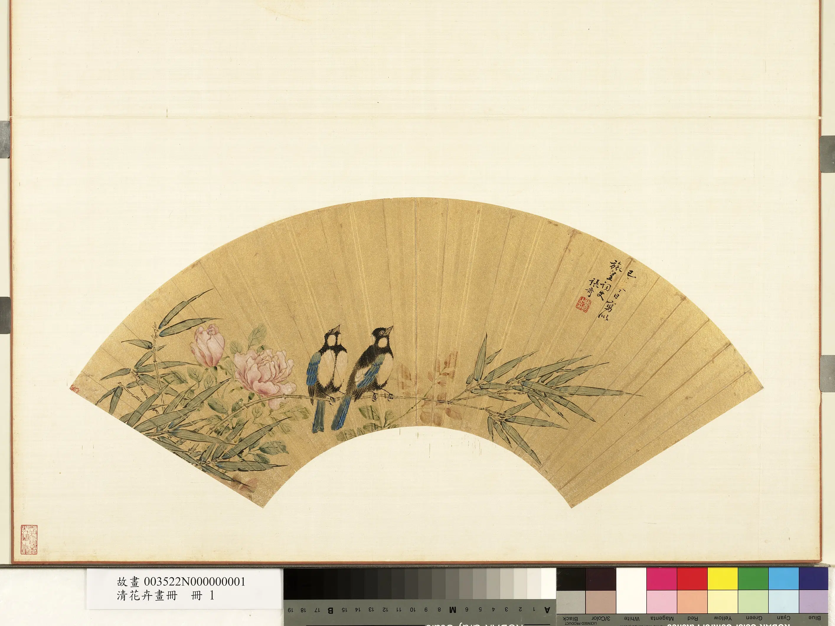 清代【张奇】《花卉画册-竹雀月季》