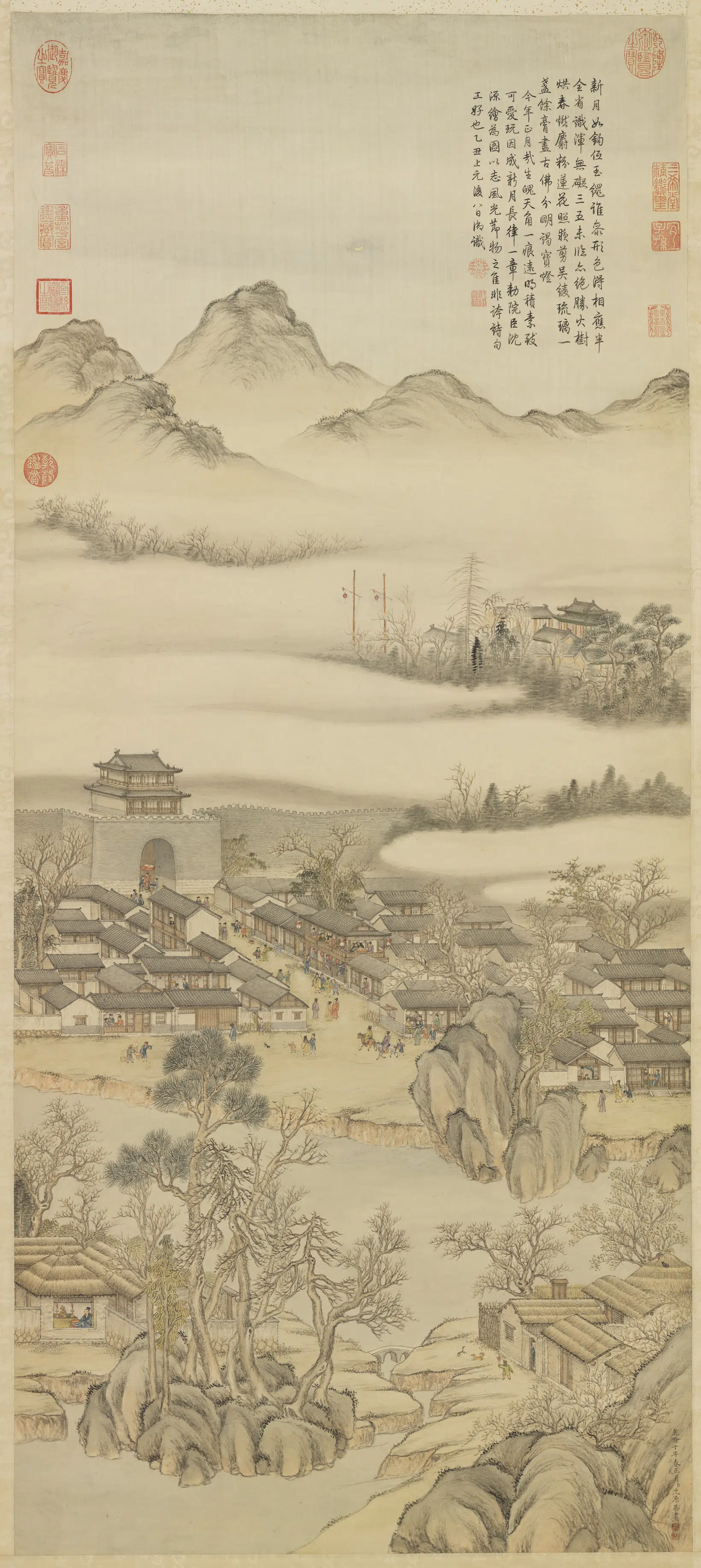 清代【沈源】《画新月诗意图轴》