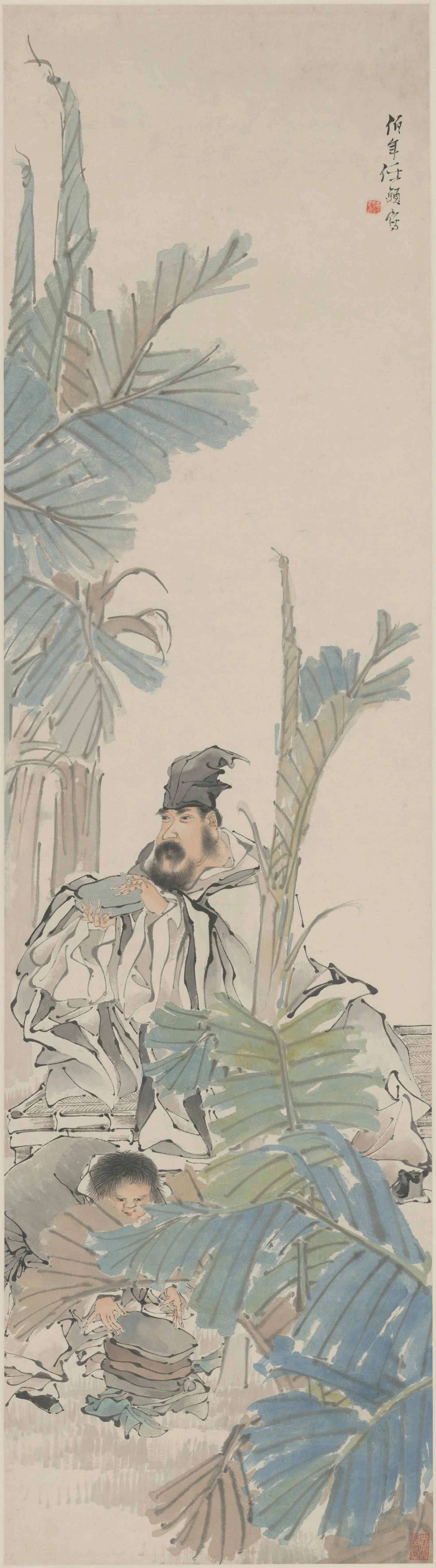 清代【任颐】《蕉荫品砚图轴》