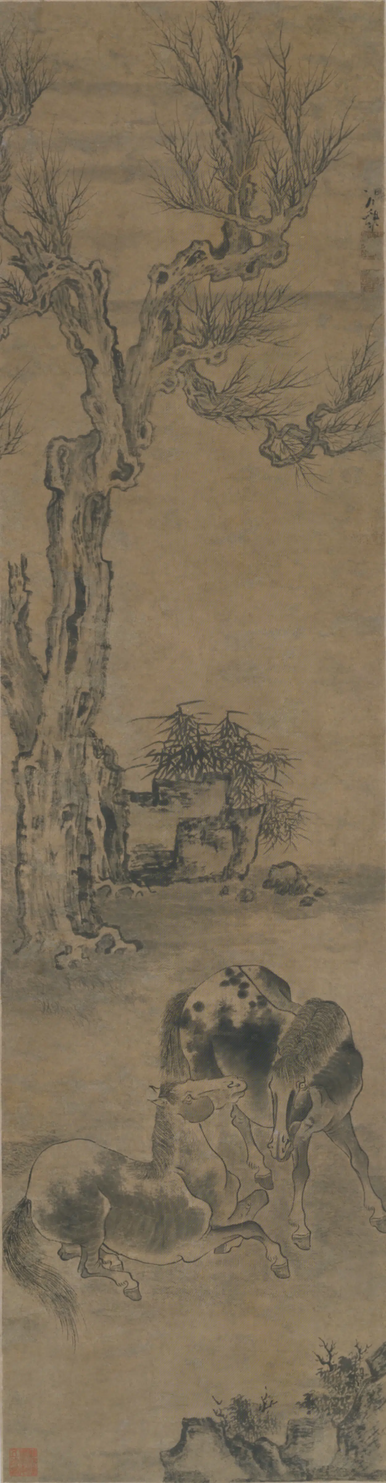 清代【张穆】《枯木双马图轴》