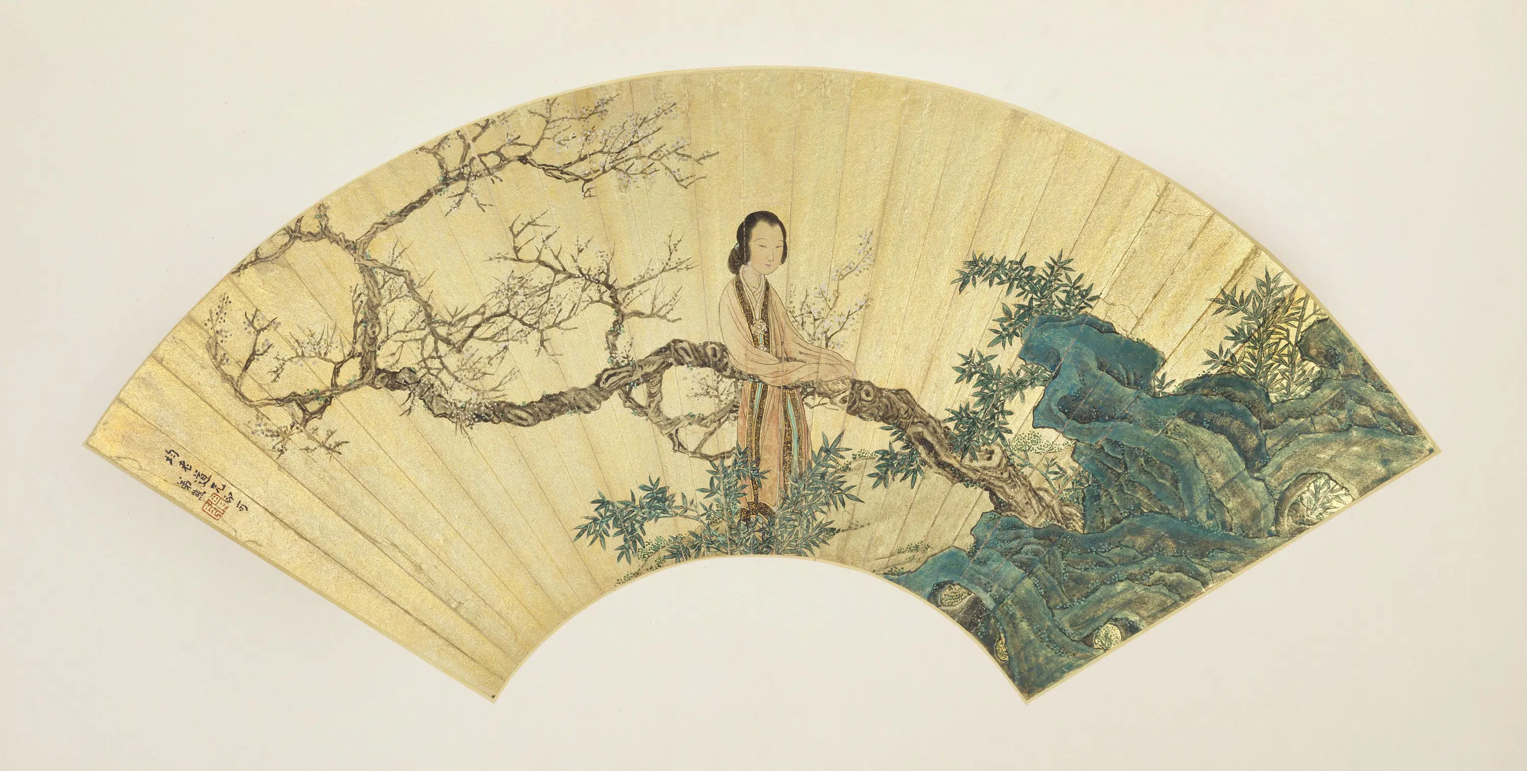 清代【任熊】《梅花仕女图扇》