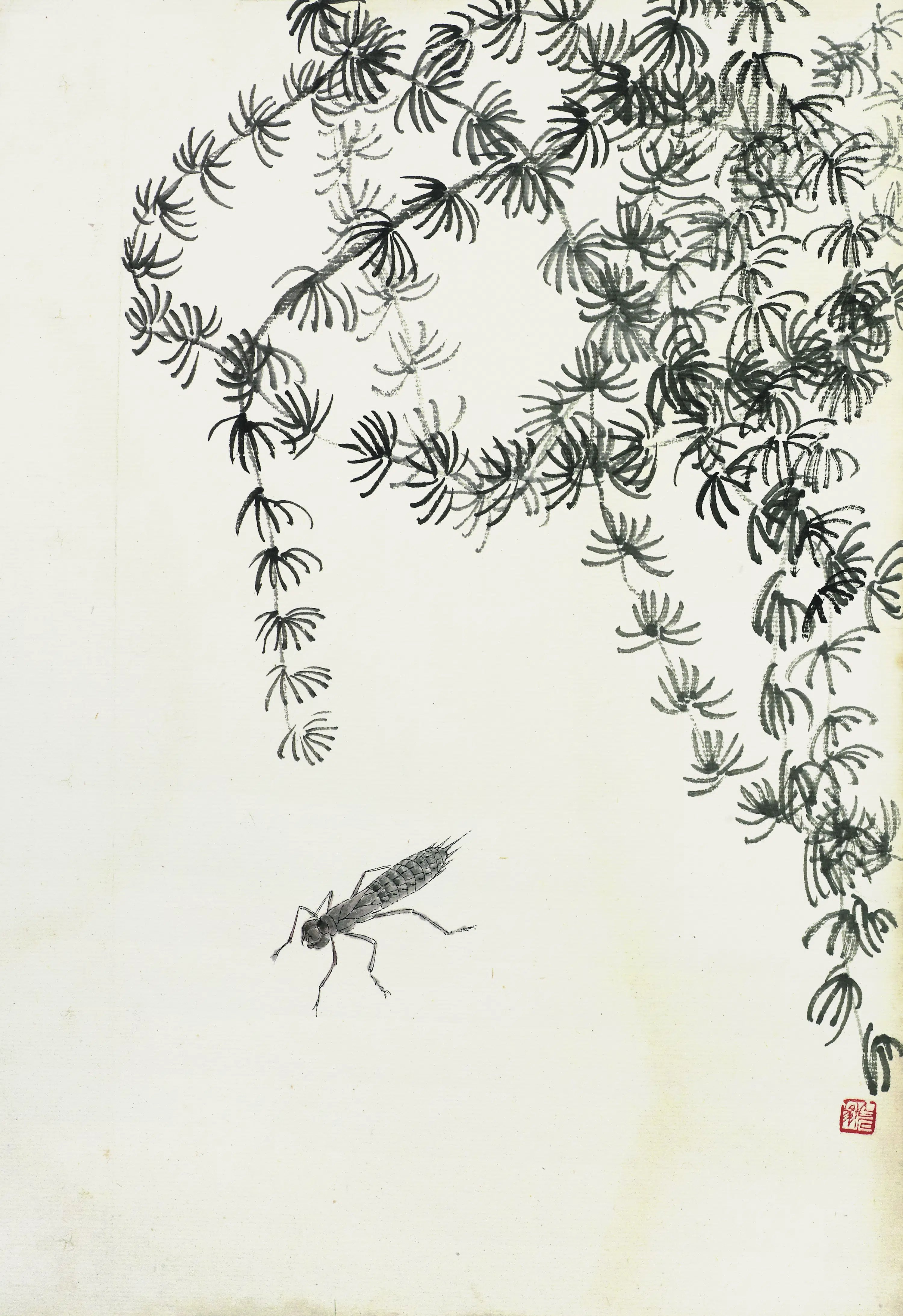 近现代【齐白石】《叶隐闻声-花卉工笔草虫册-松枝草虫》
