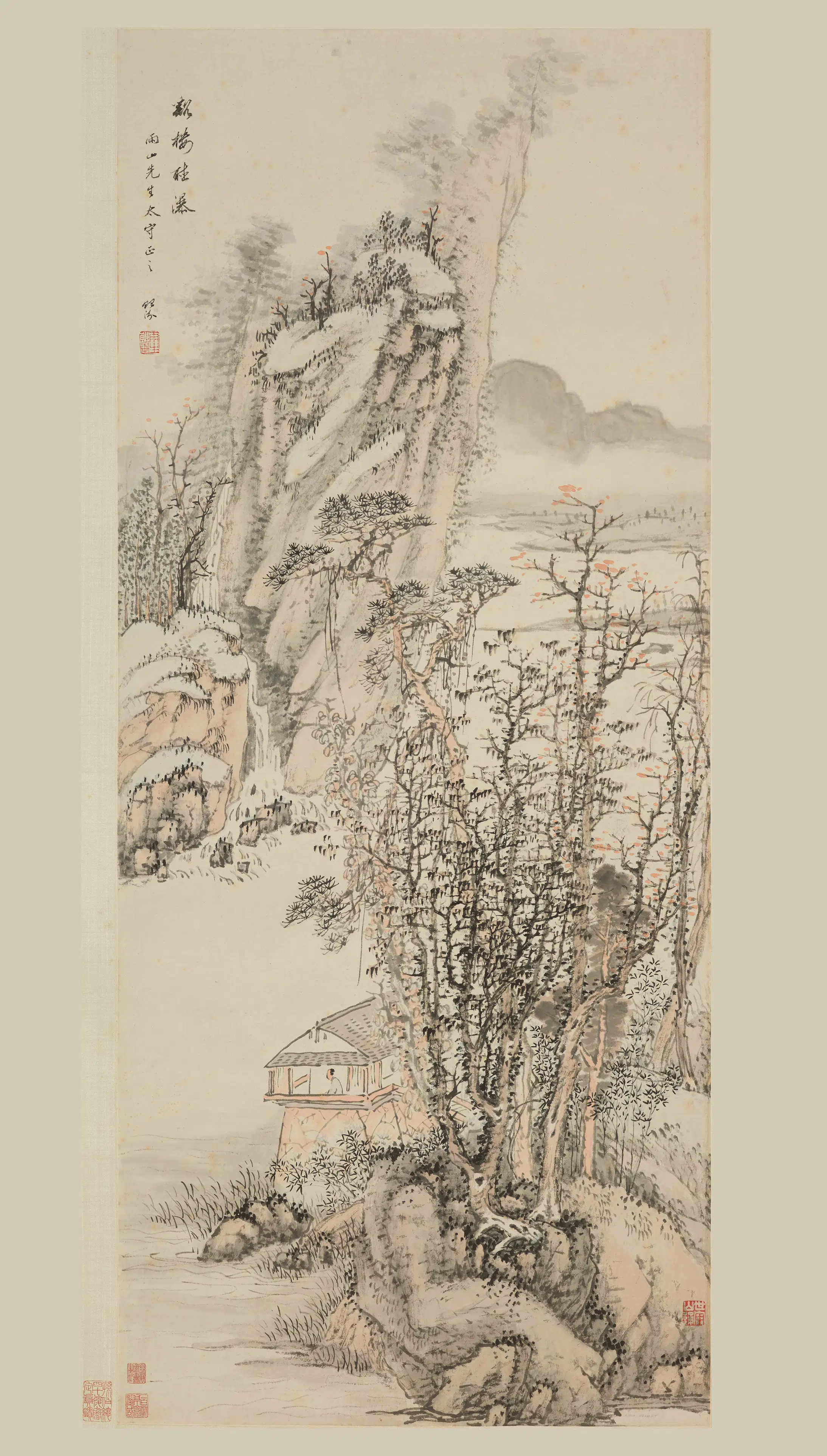 清代【汤贻汾】《溪楼听瀑图轴》