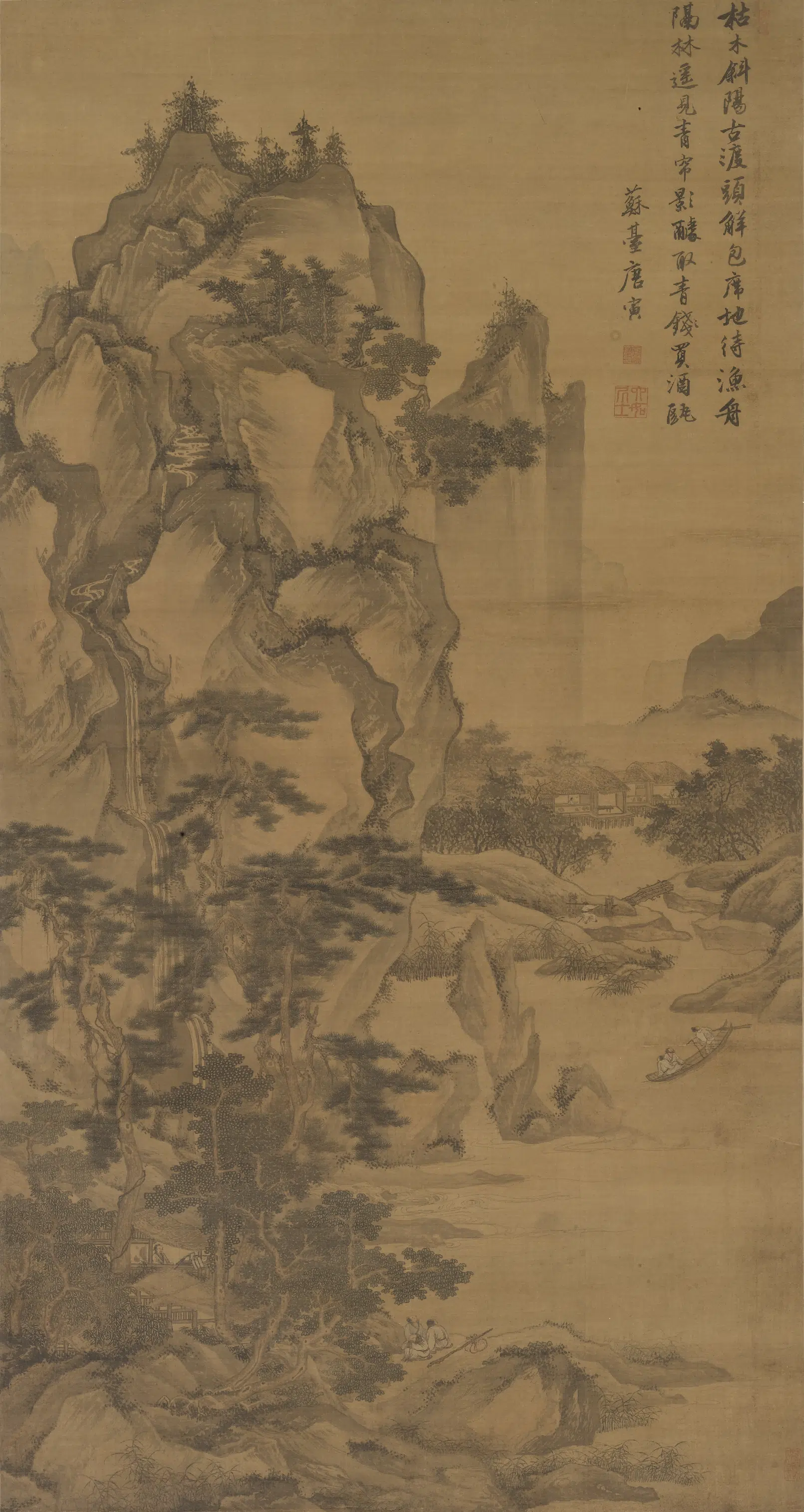 明朝【唐寅-伯虎】《渡头帘影图轴》