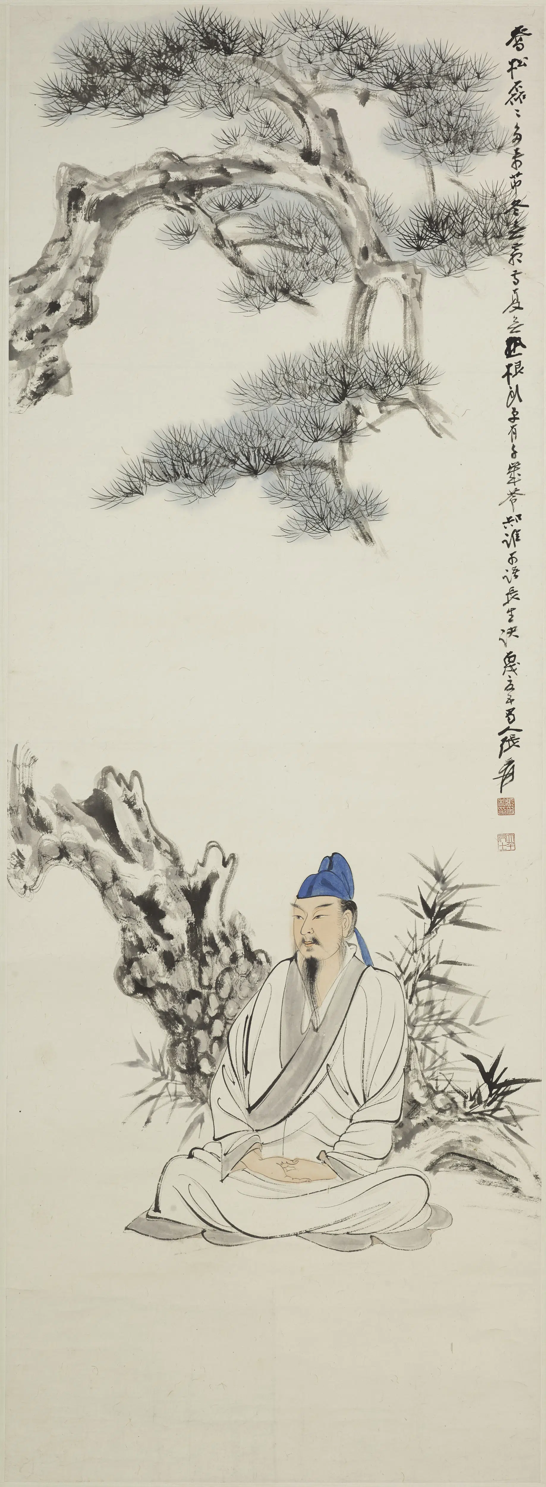 近现代【张大千】《松荫趺坐图轴》