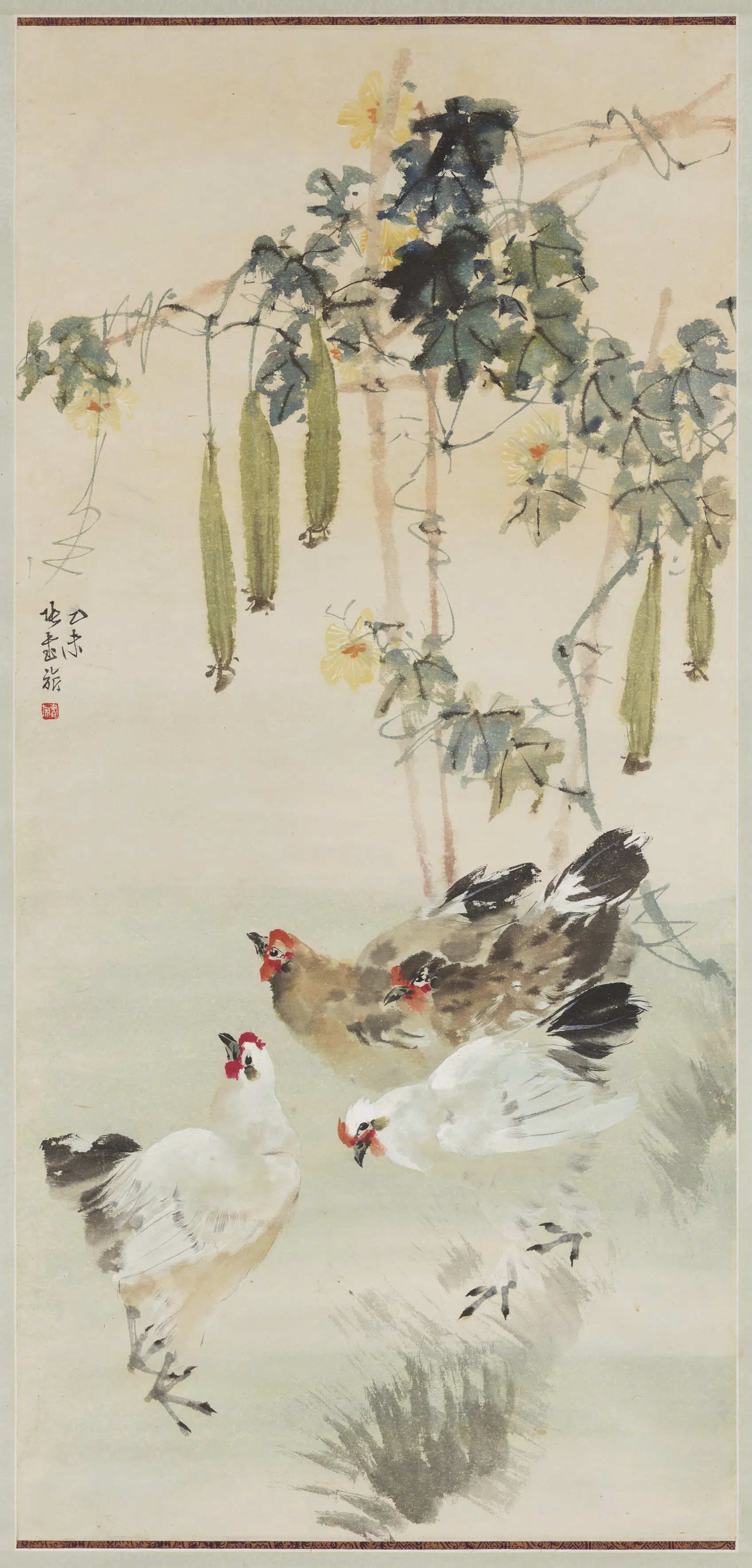近现代【张书旗】《画菜瓜与鸡》
