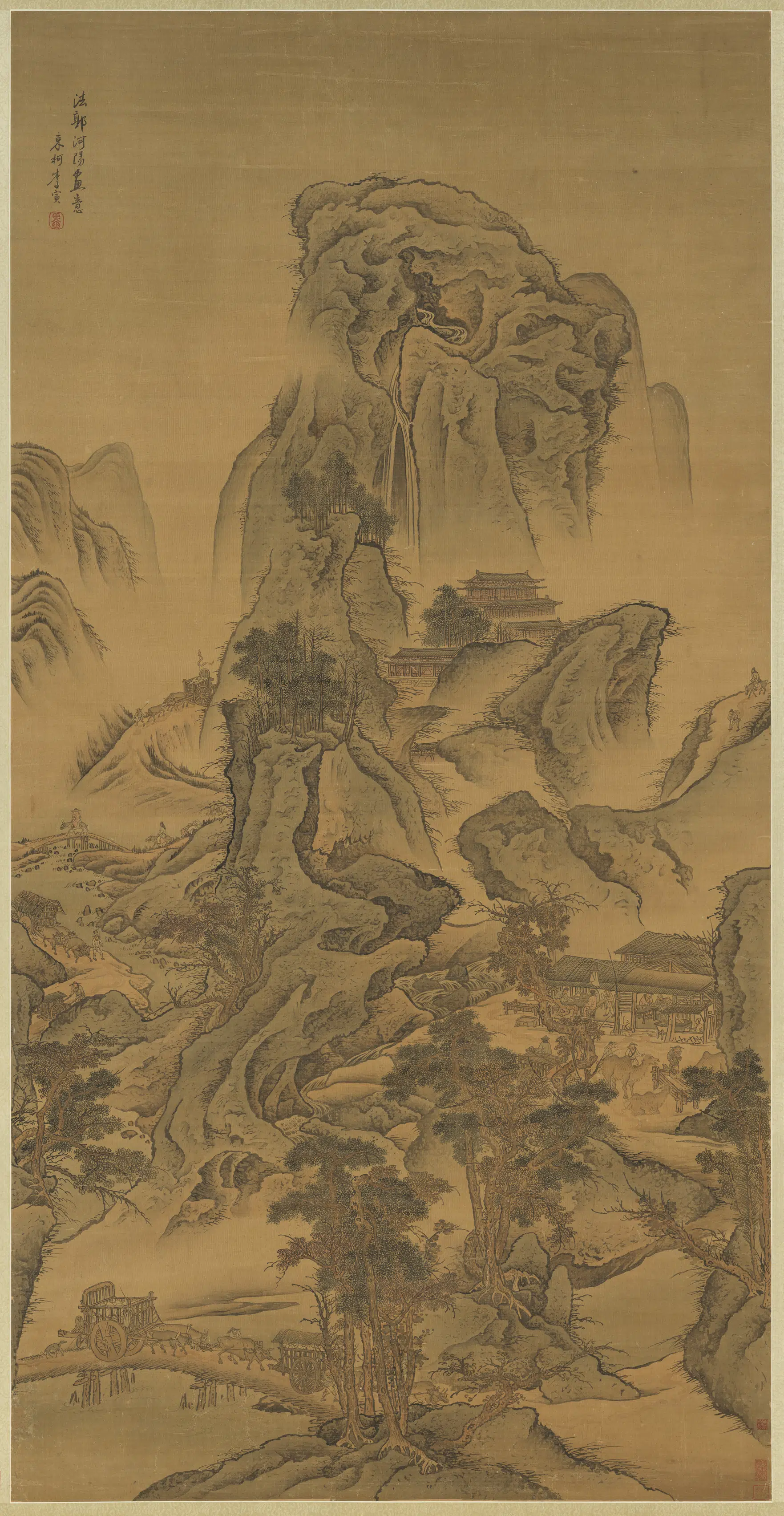 清代【李寅】《秋山行旅图轴》