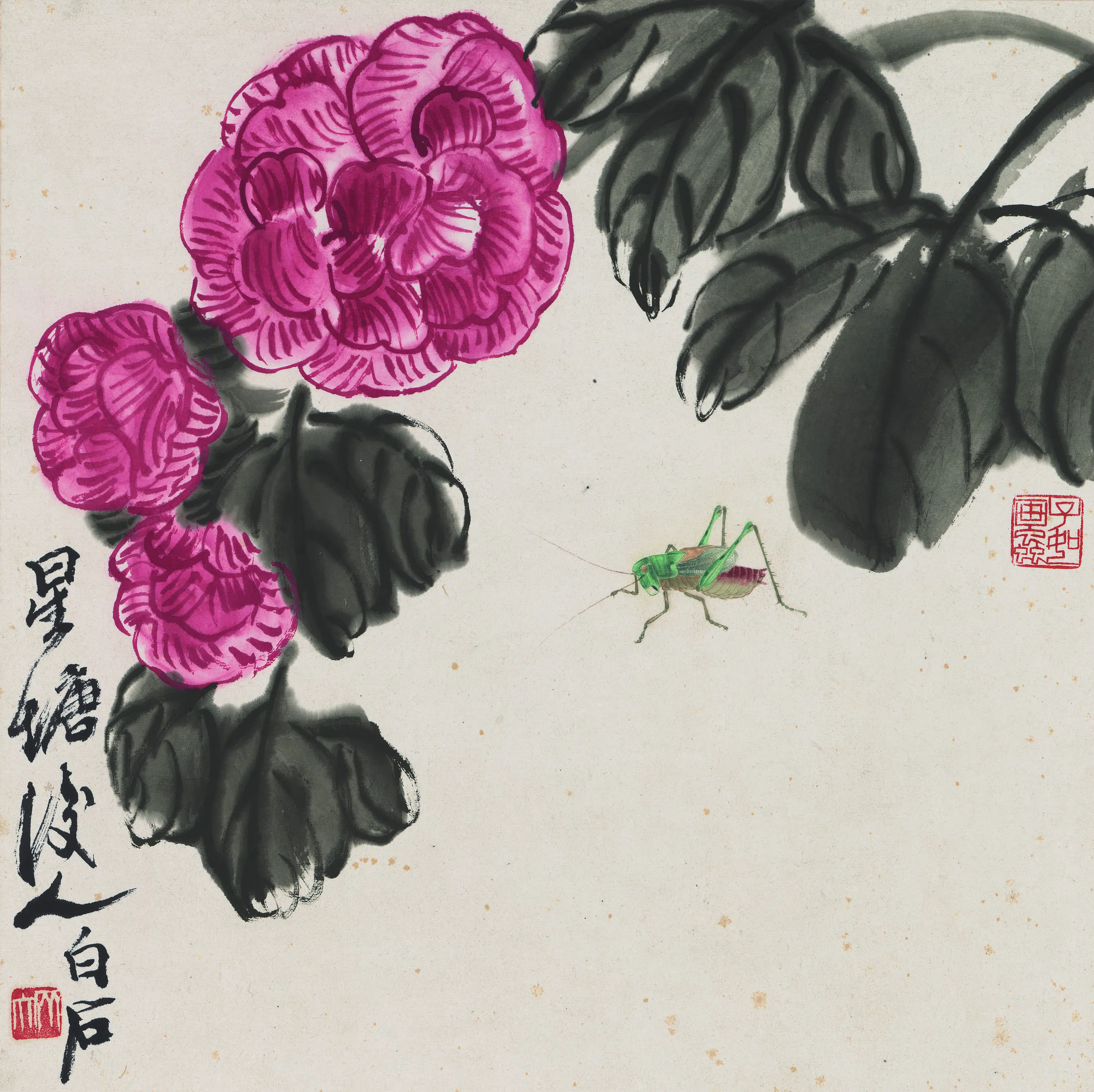 近现代【齐白石】《花果草虫册-花卉蝈蝈图》 第1张 近现代【齐白石】《花果草虫册-花卉蝈蝈图》 第1张