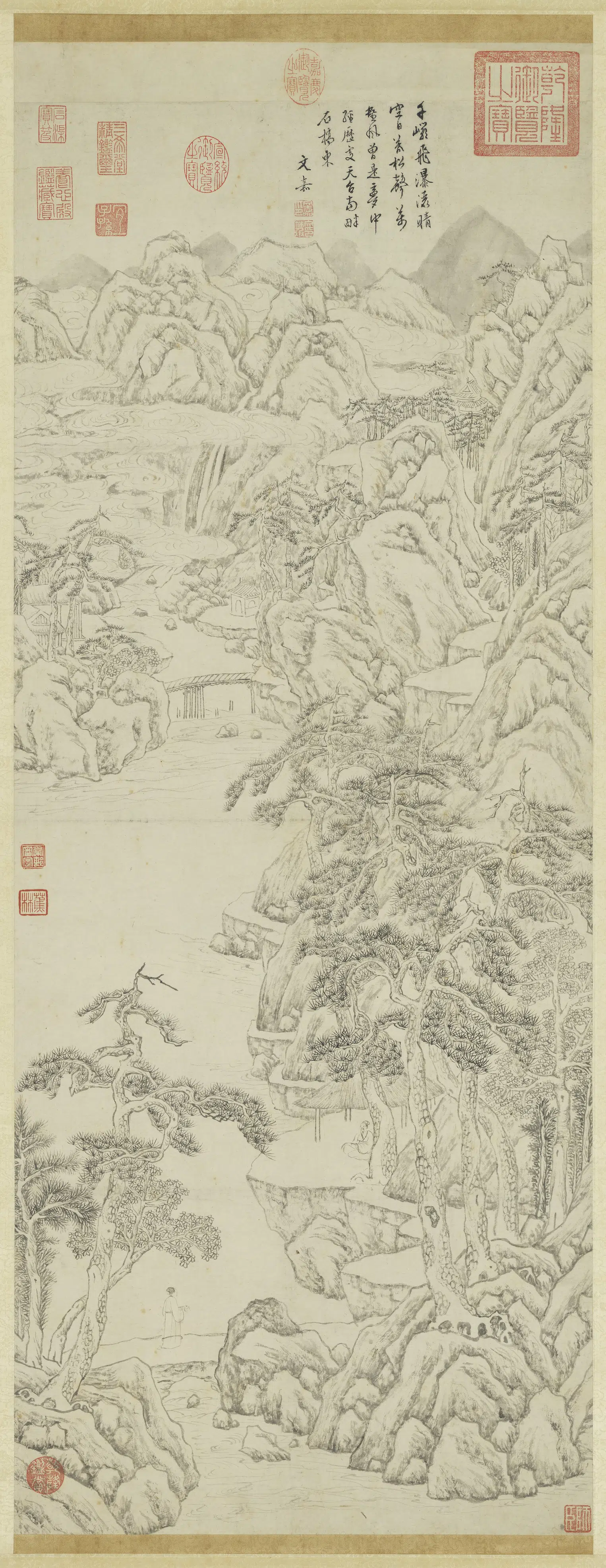 明朝【文嘉】《岩瀑松涛图轴》