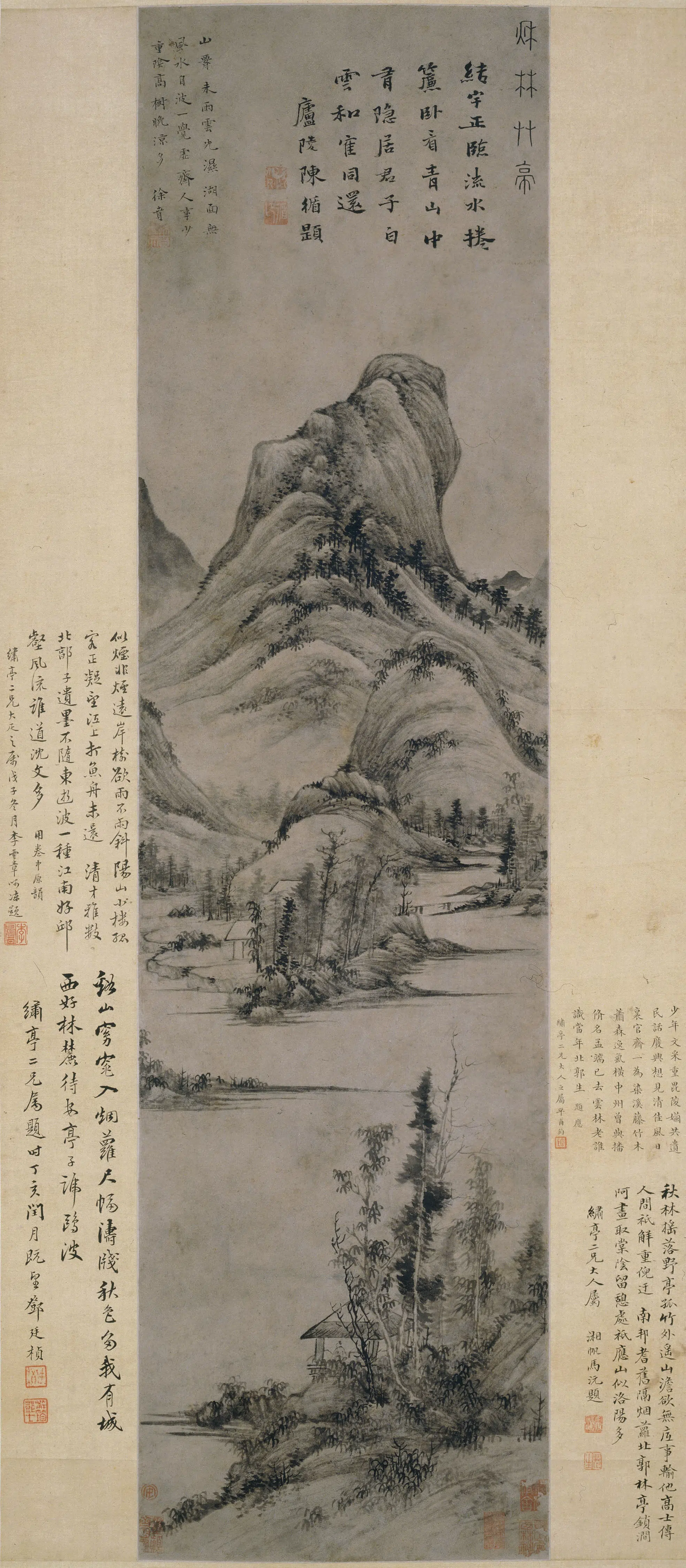 明朝【徐贲】《秋林草亭图轴》
