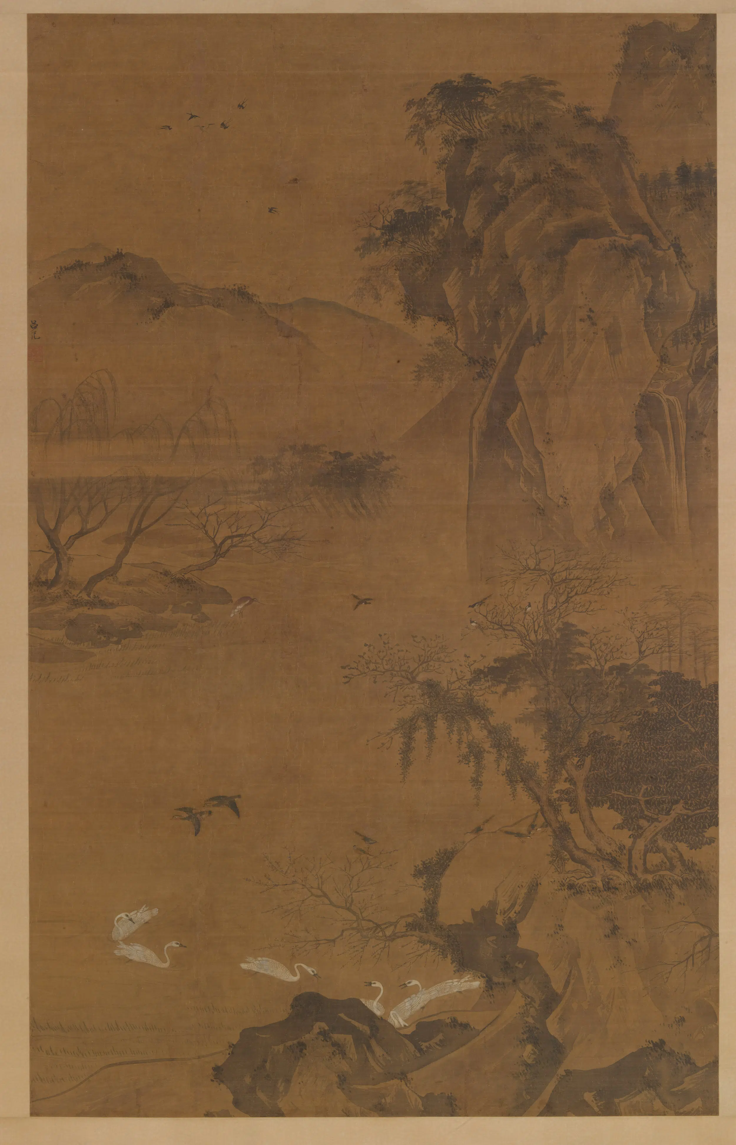明朝【吕纪】《山溪春禽图轴》