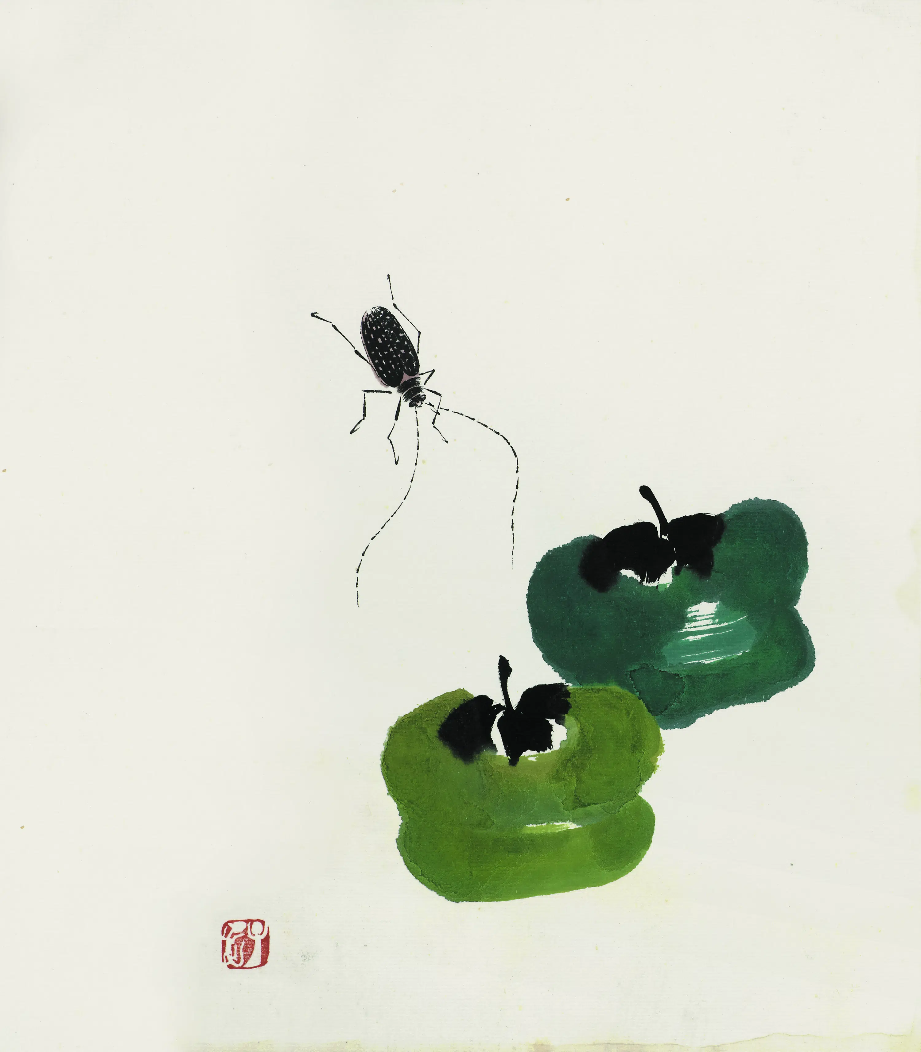 近现代【齐白石】《叶隐闻声-蔬果工笔草虫册-青椒天牛》