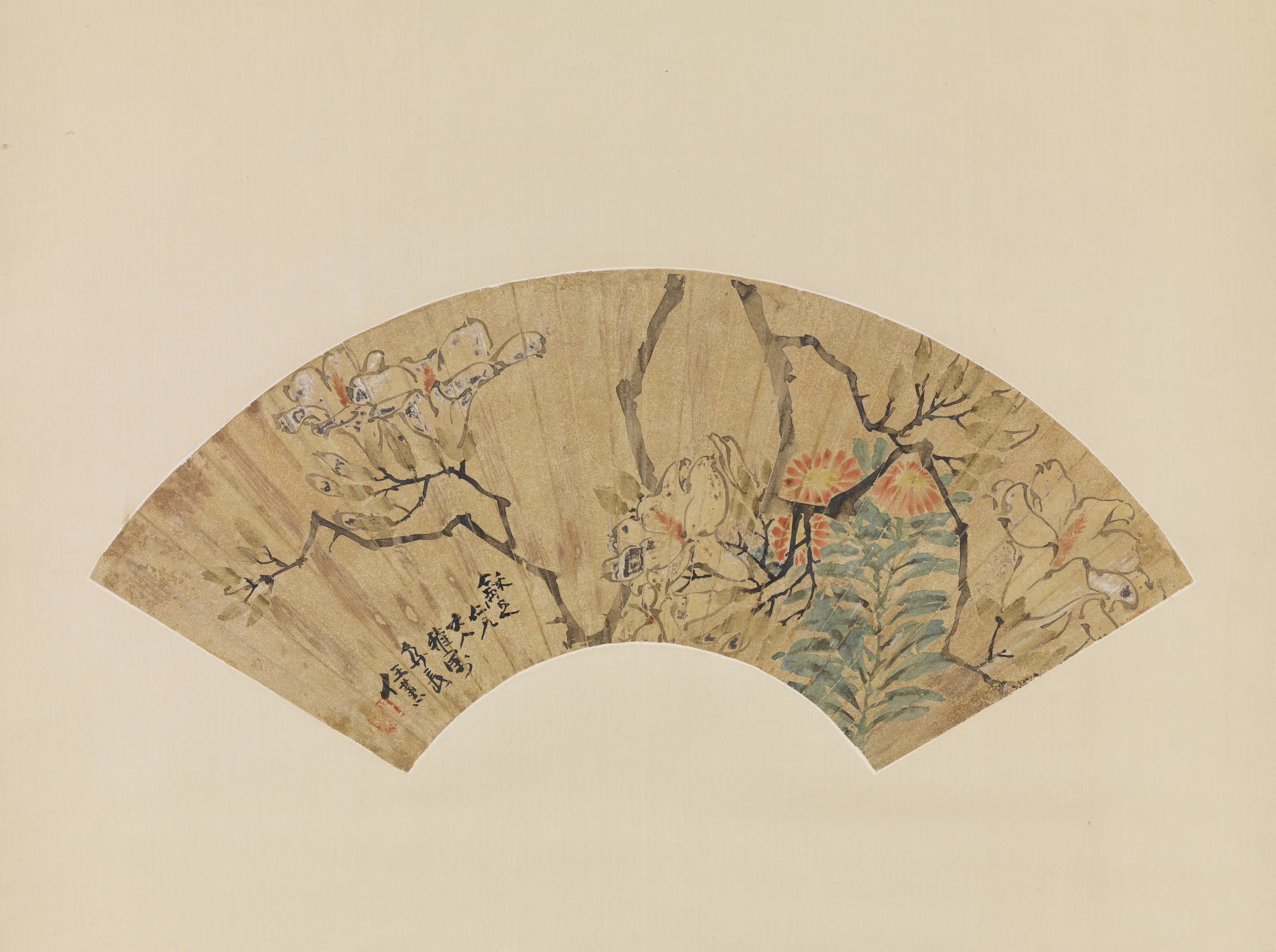 清代【任薰】《花卉扇面轴图轴》