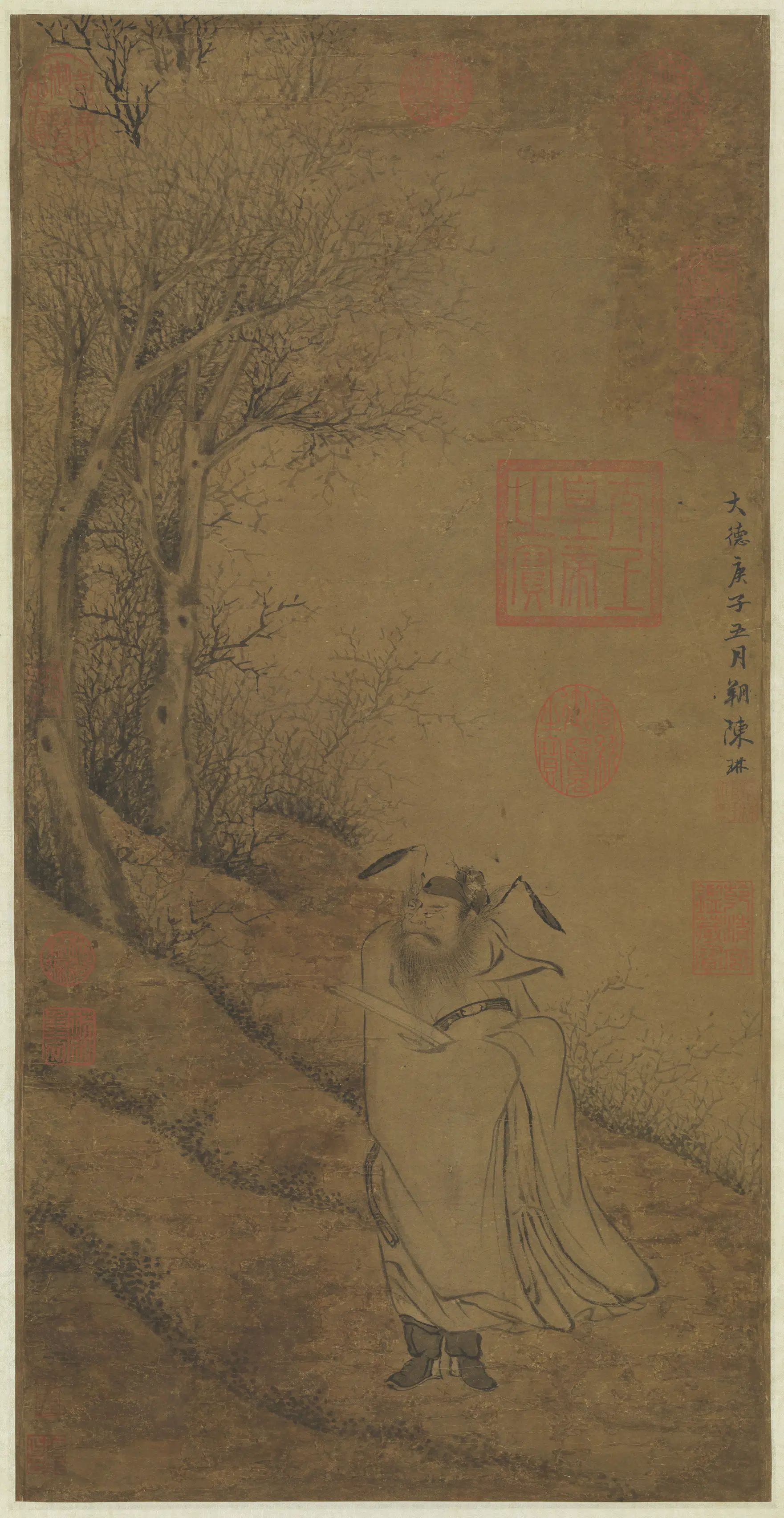 元代【陈琳】《画寒林钟馗图轴》