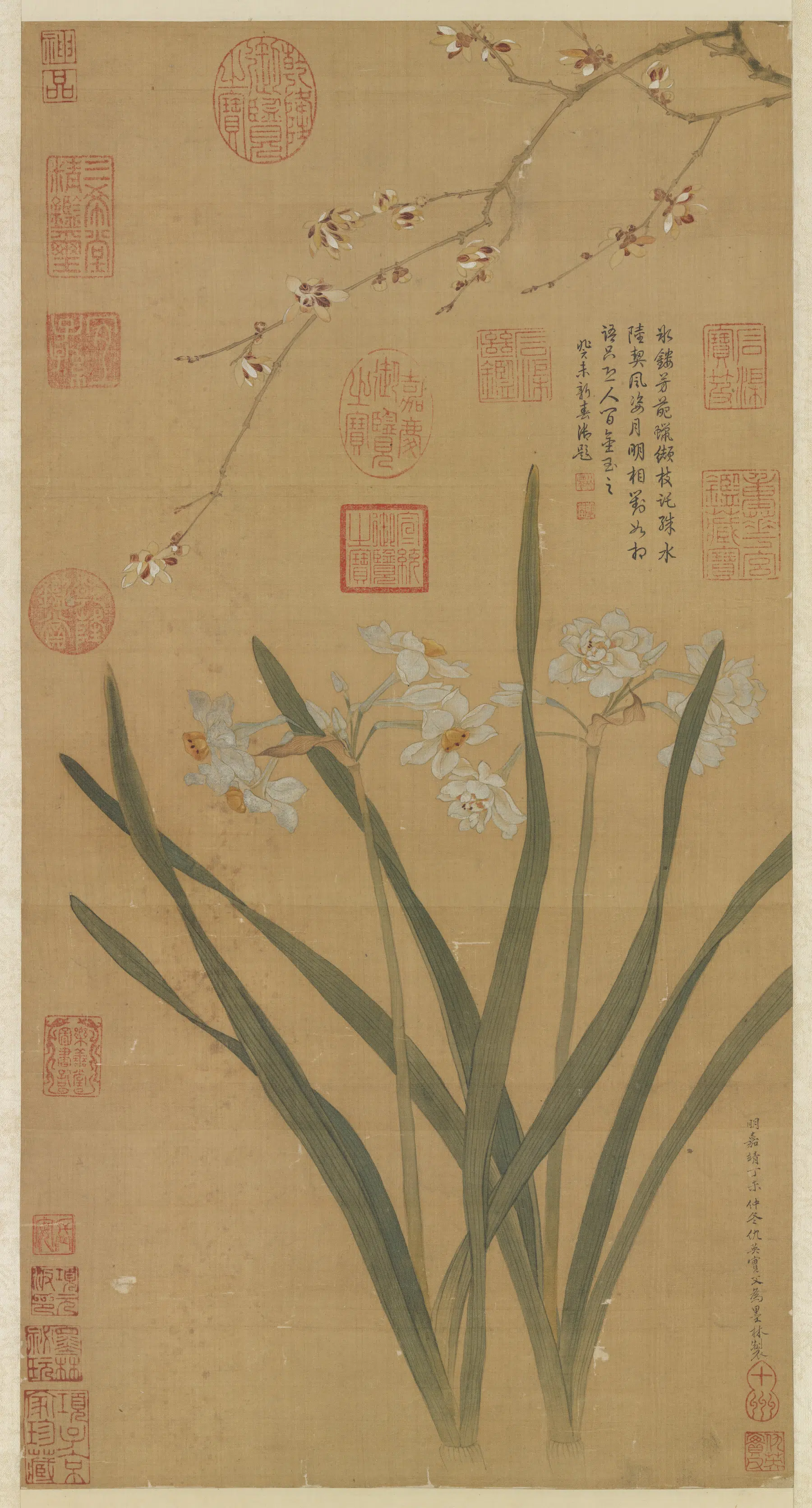 明朝【仇英】《水仙蜡梅图轴》