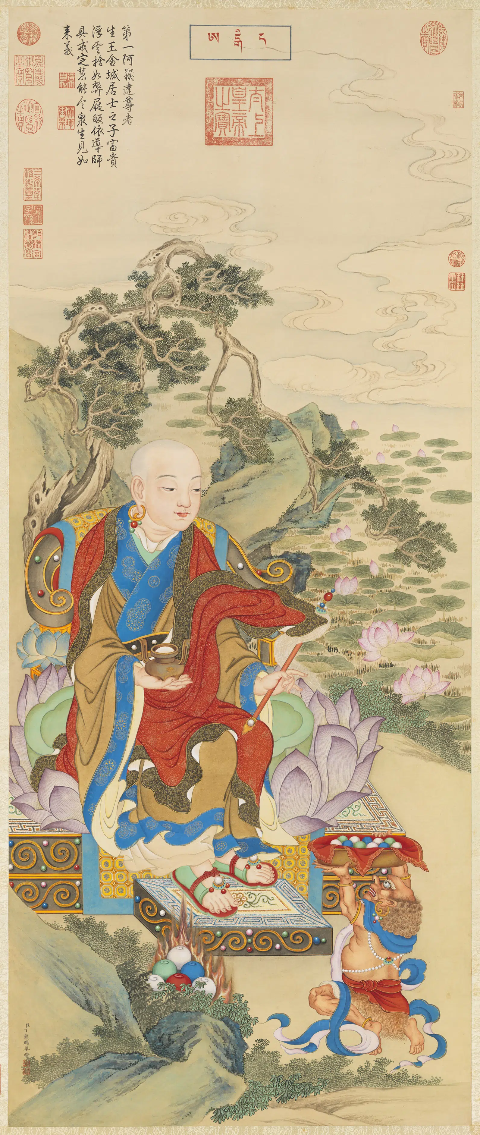 清代【丁观鹏】《十六应真像（一）第一阿迎阿机达尊者图轴》