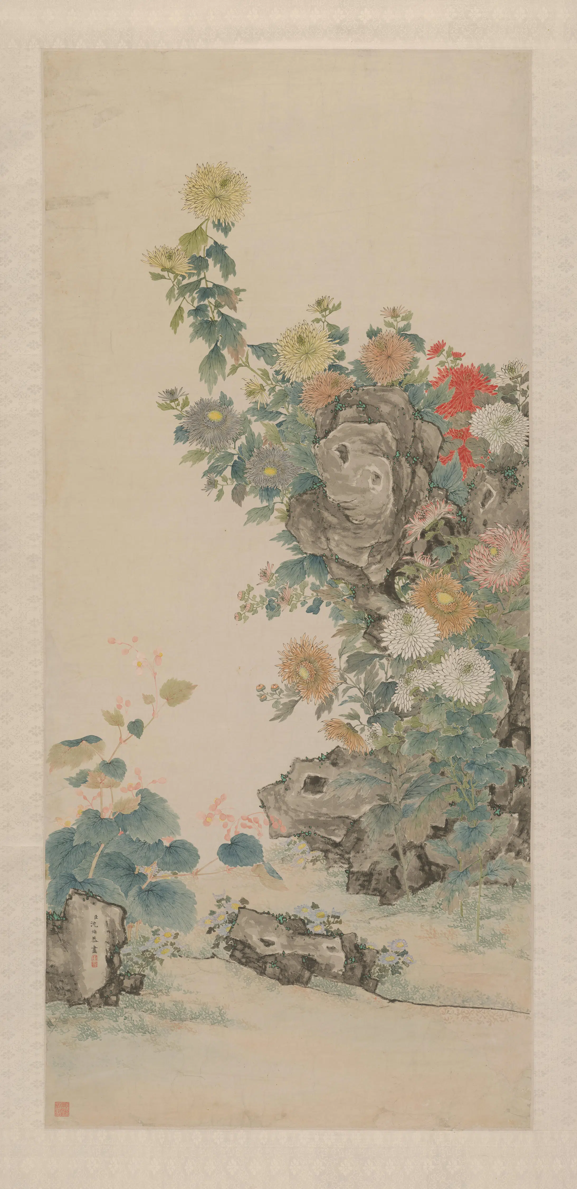 清代【沈焕】《菊石海棠图轴》