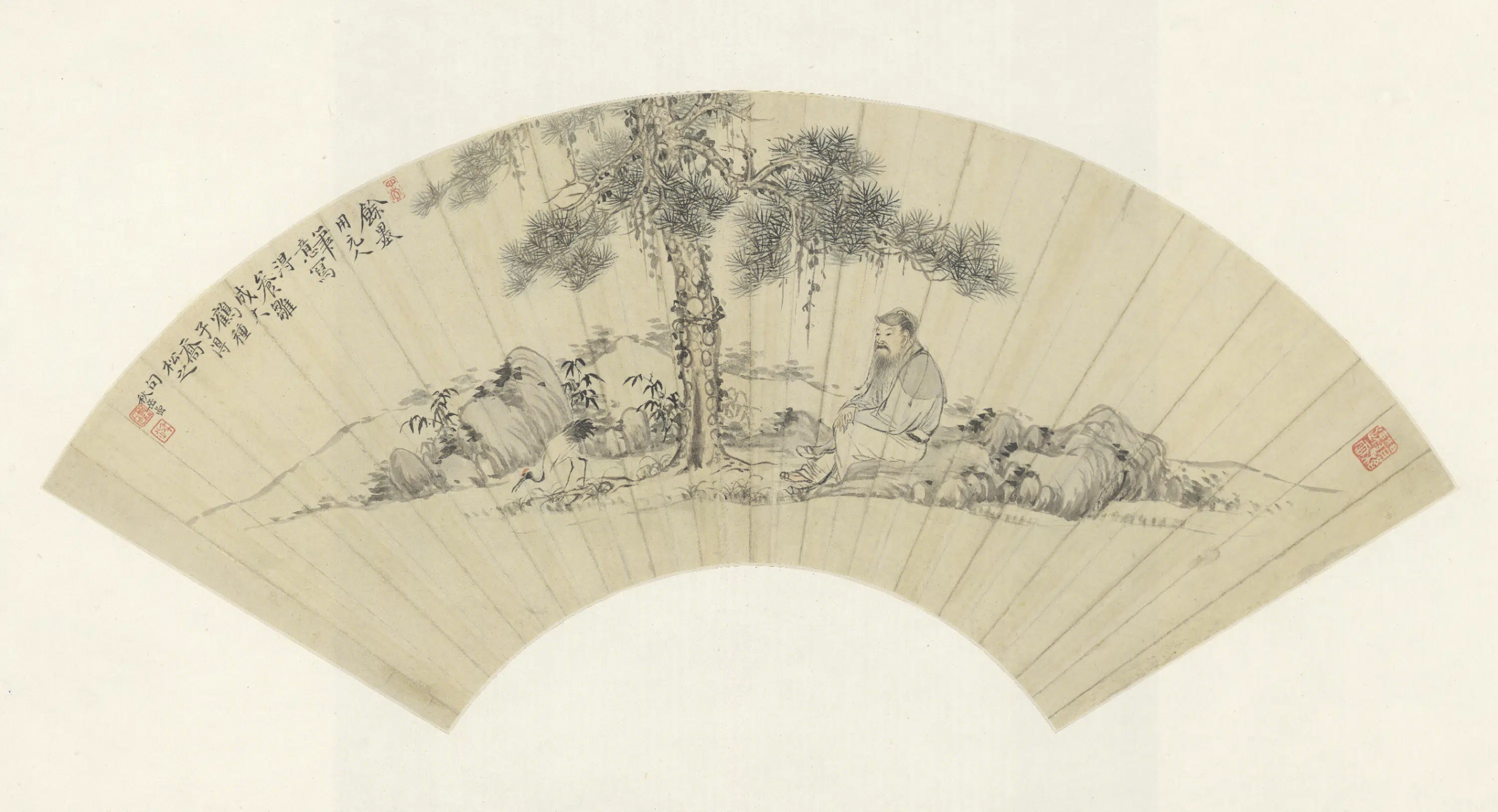 清代【华喦】《松荫观鹤扇页》