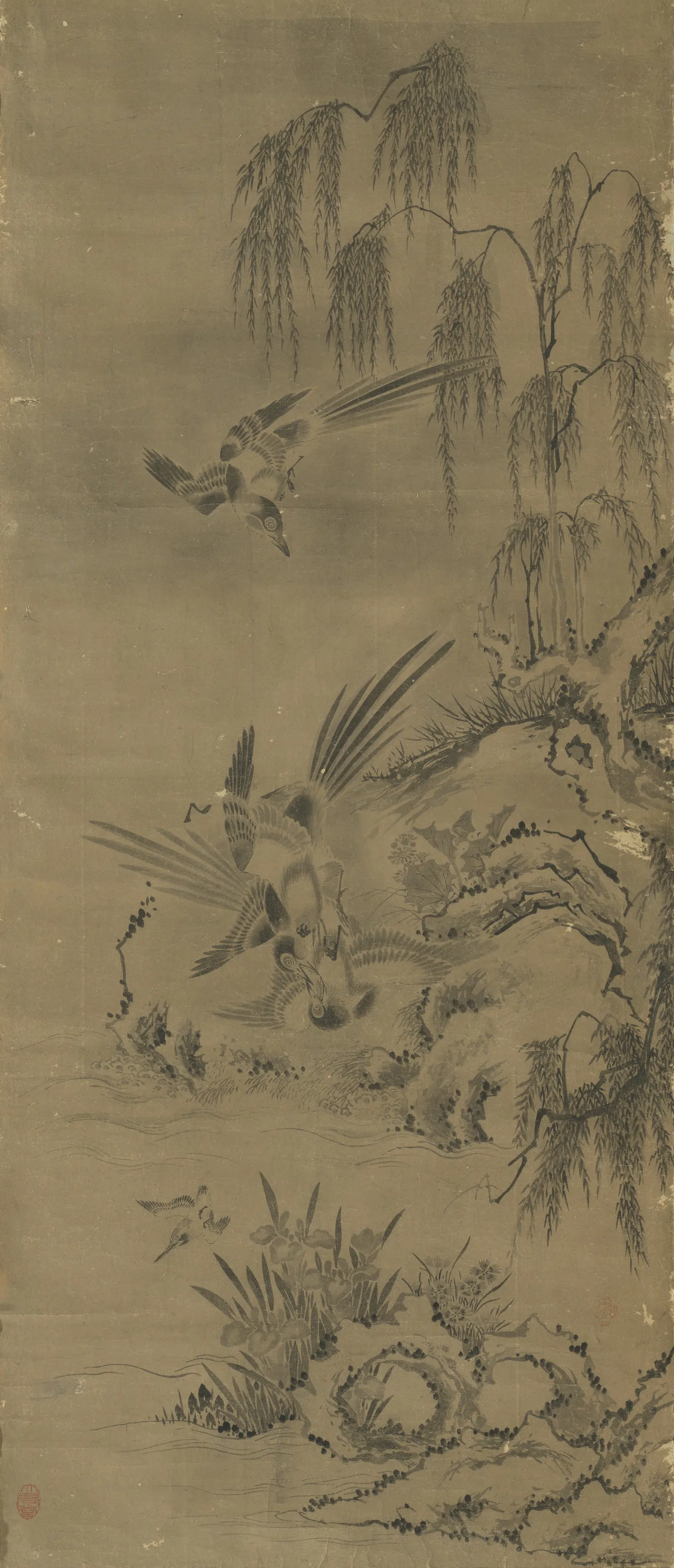 《无款花鸟屏风六幅单片柳阴喜鹊》