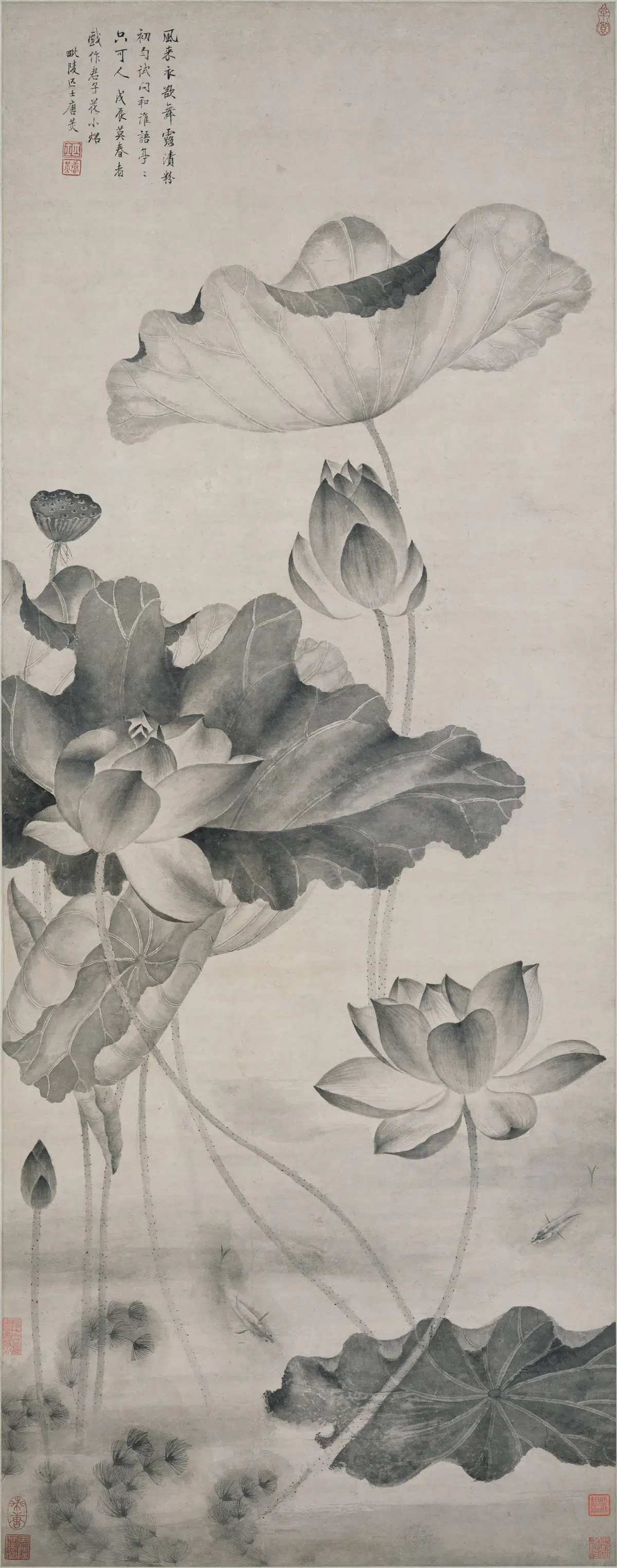 清代【唐炗（苂）】《荷花游鱼图轴》