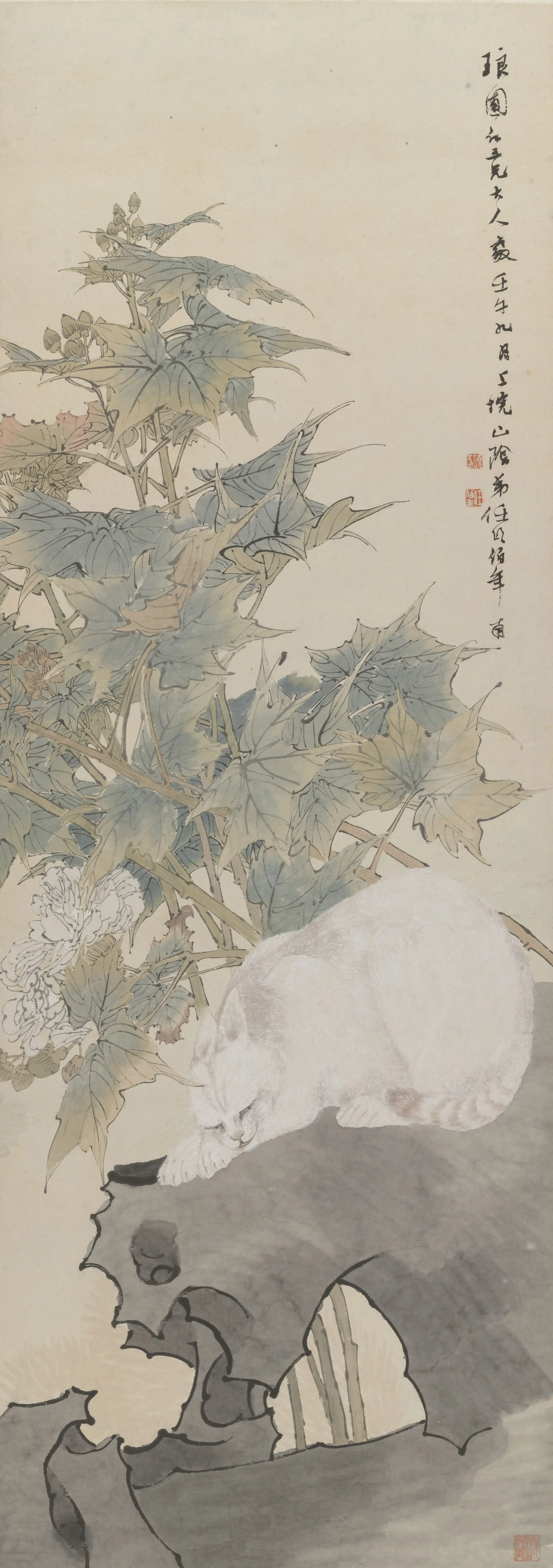 清代【任伯年（任颐）】《芙蓉白猫图轴》