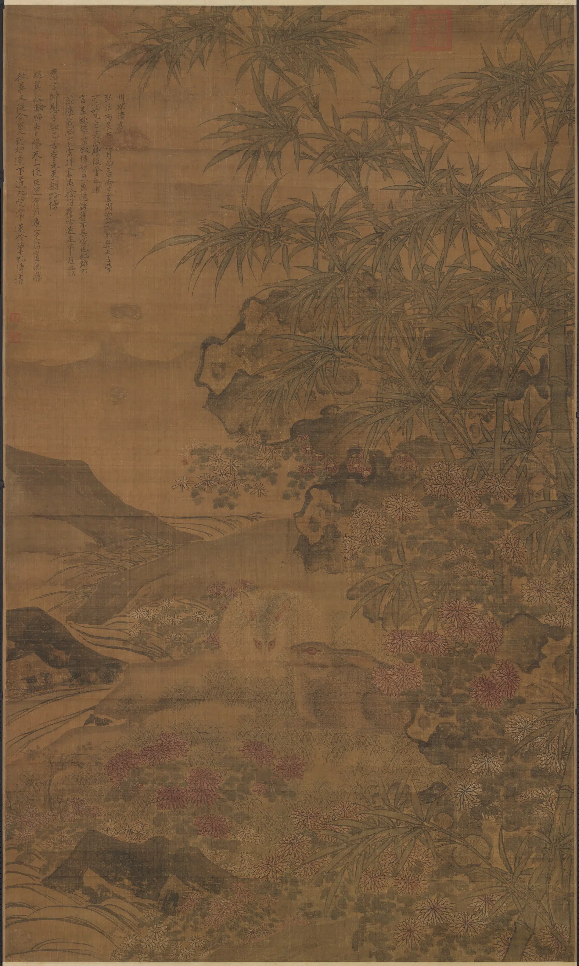 明朝【陶成】《菊花双兔图轴》