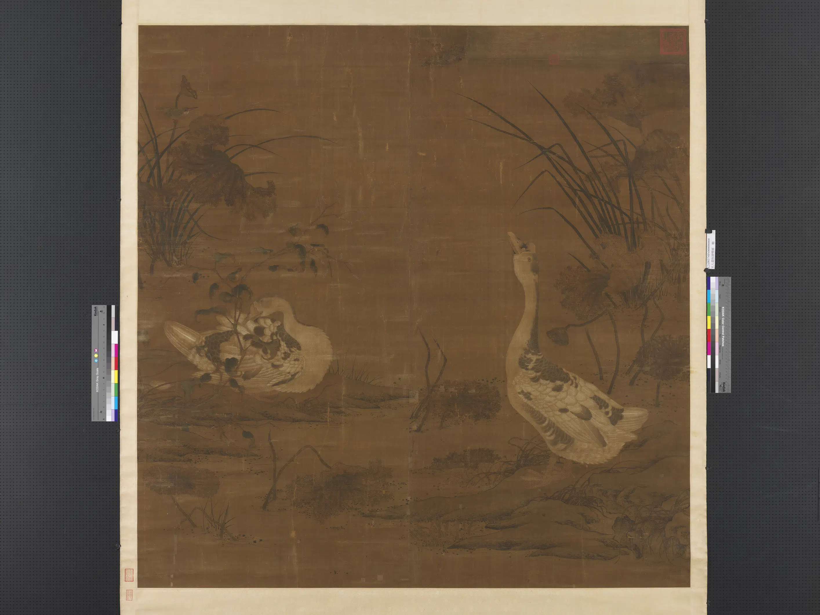 宋代《宋人画秋塘双雁图轴》