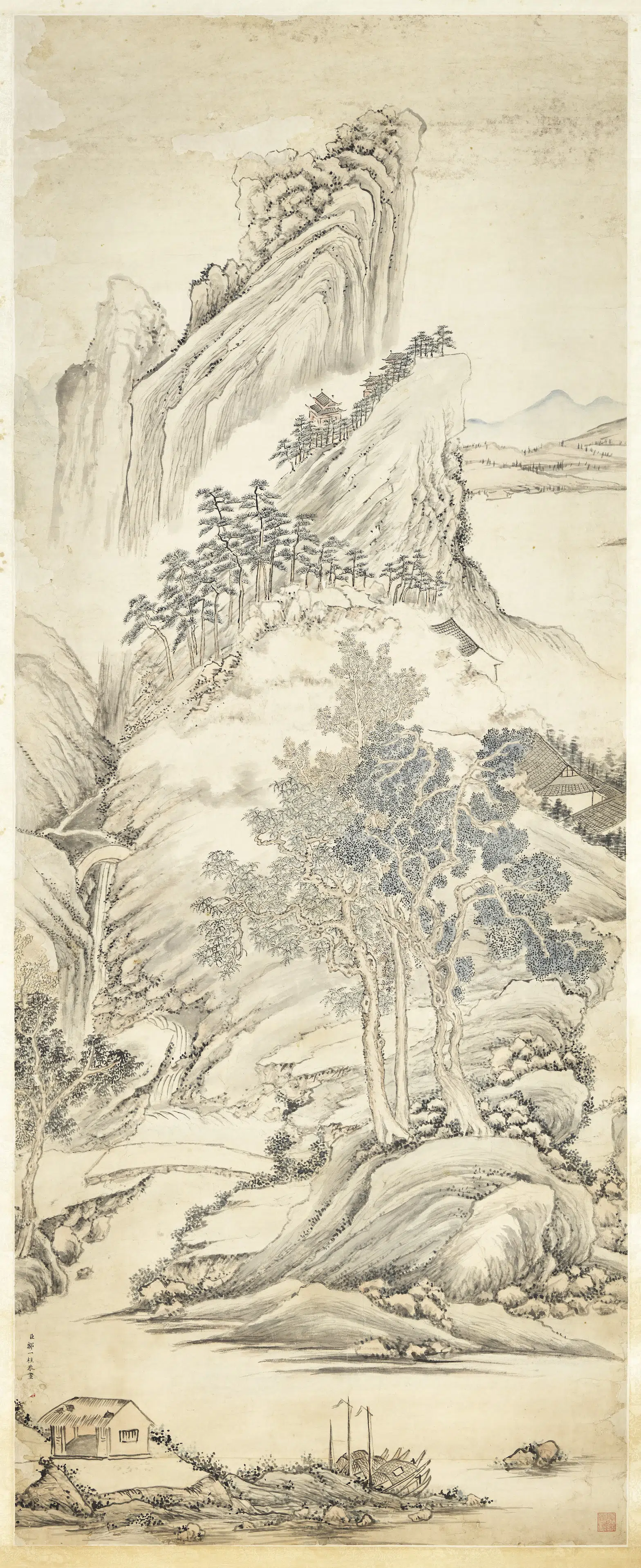 清代【邹一桂】《溪山晚泊图轴》